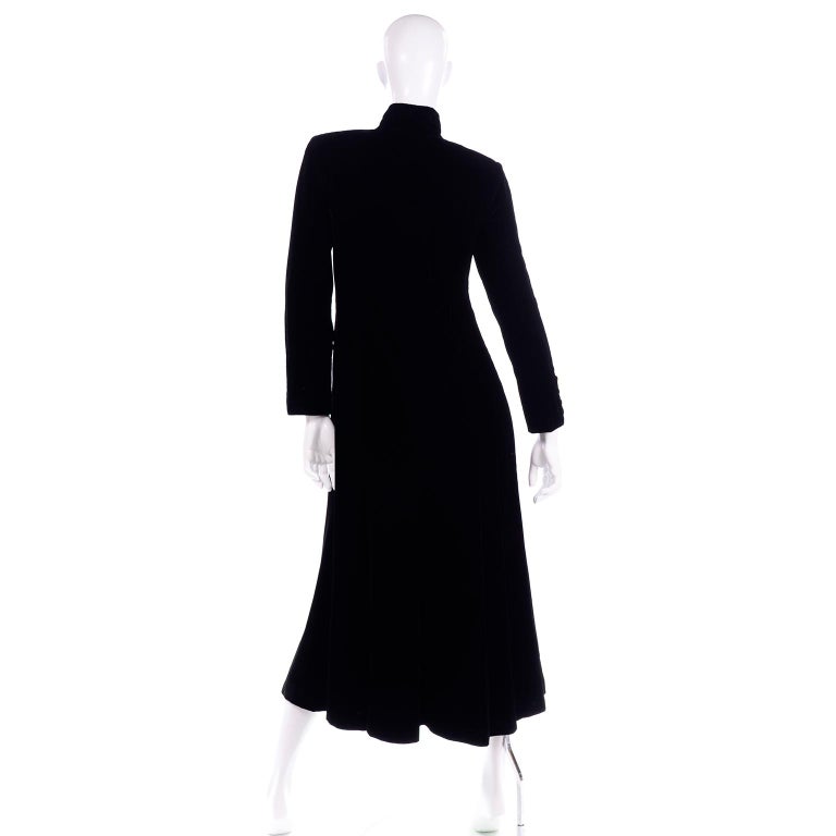 Women's Vintage Black Velvet Long Coat with Gold Rhinestone Buttons For Sale