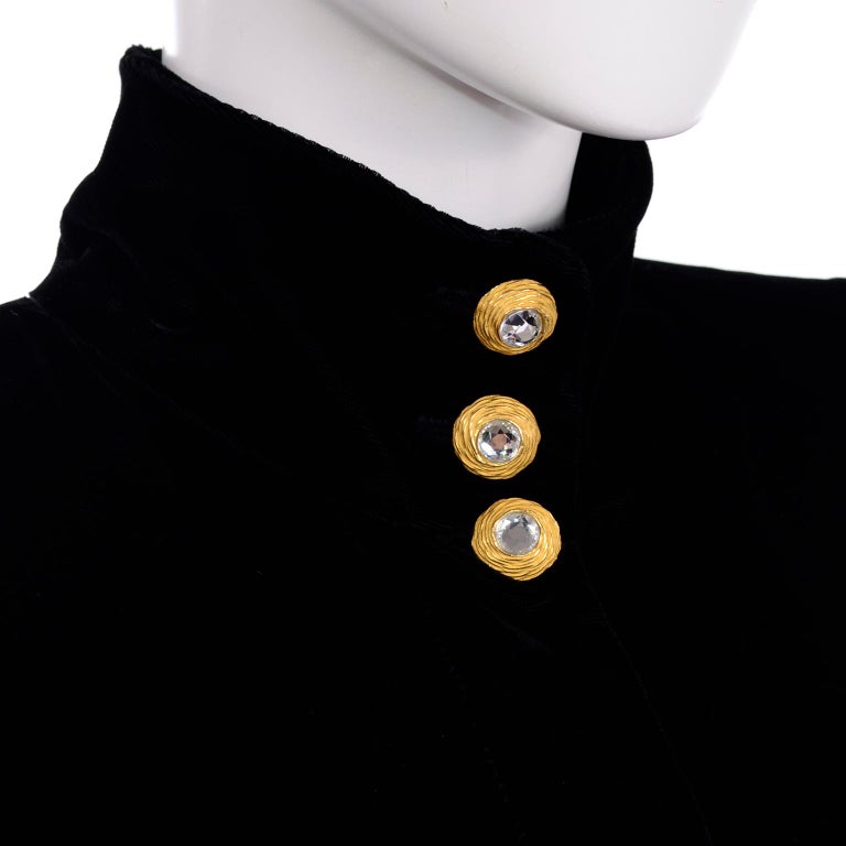 Vintage Black Velvet Long Coat with Gold Rhinestone Buttons For Sale 2