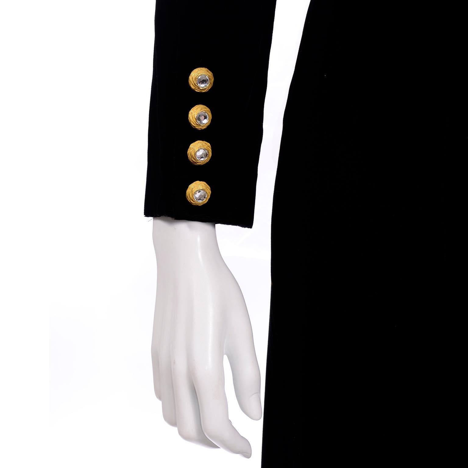 Women's Vintage Black Velvet Long Coat with Gold Rhinestone Buttons