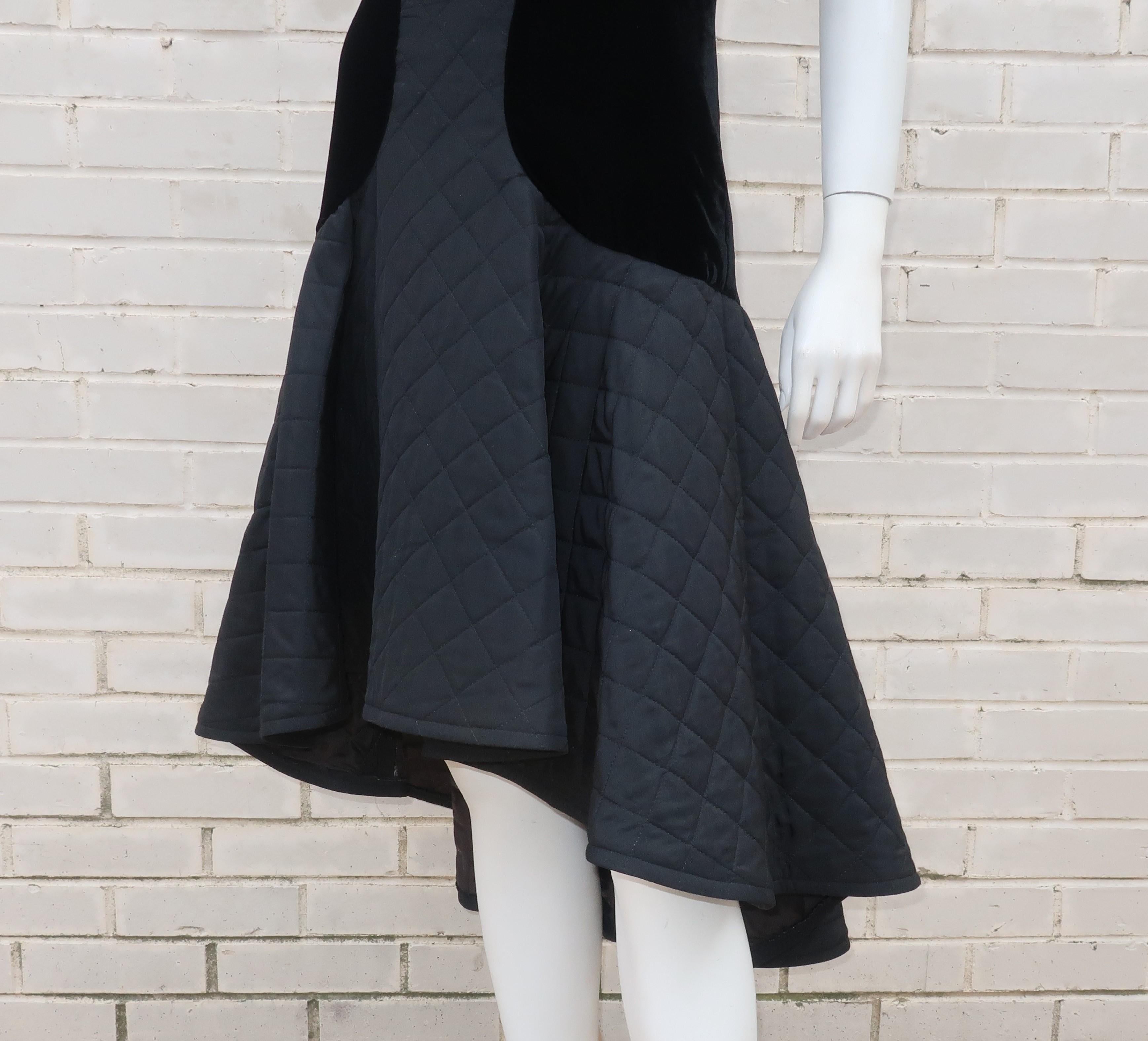 Vintage Black Velvet Quilted Dress With High Low Hem, 1980's 6