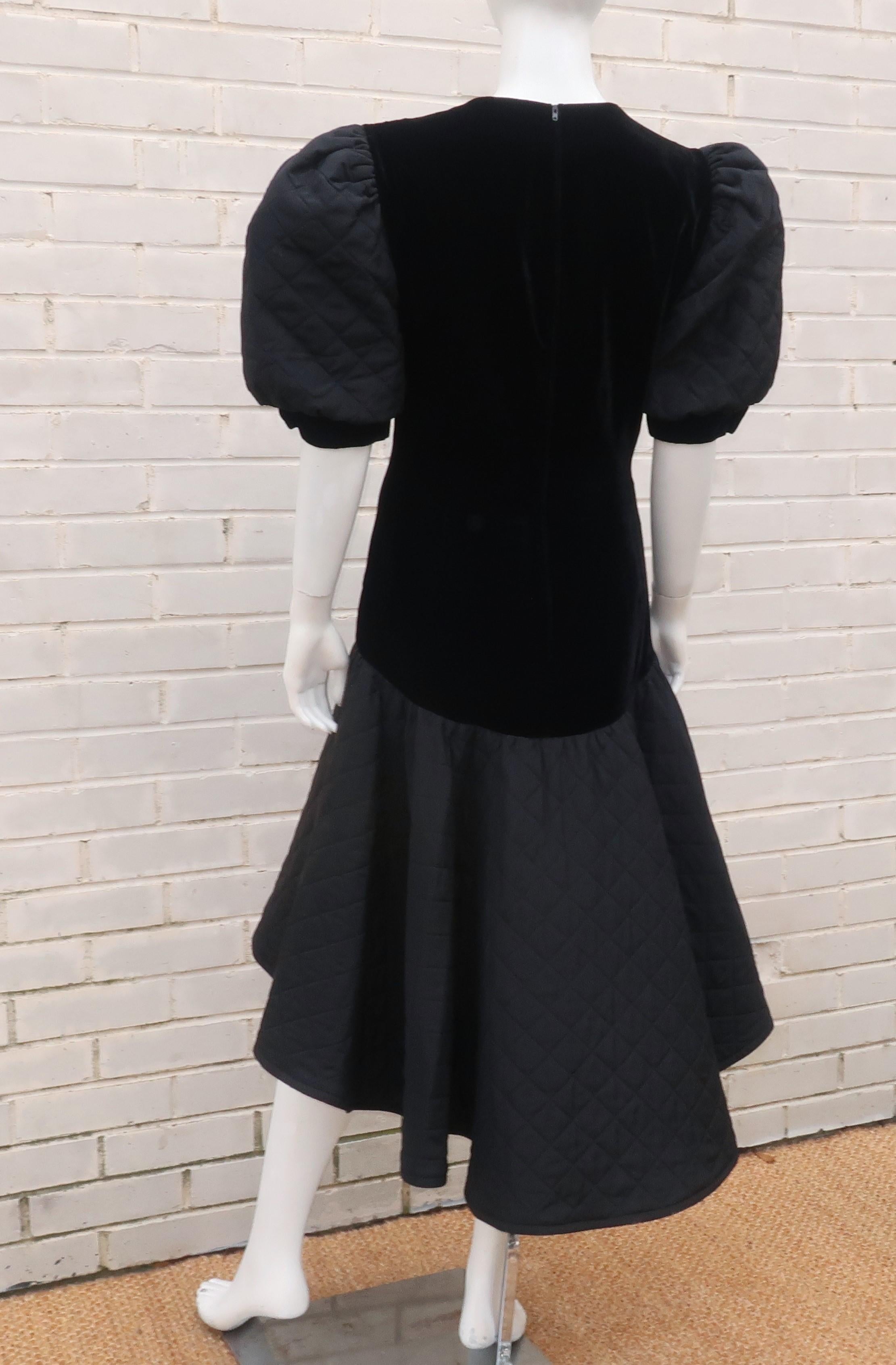 Vintage Black Velvet Quilted Dress With High Low Hem, 1980's 7