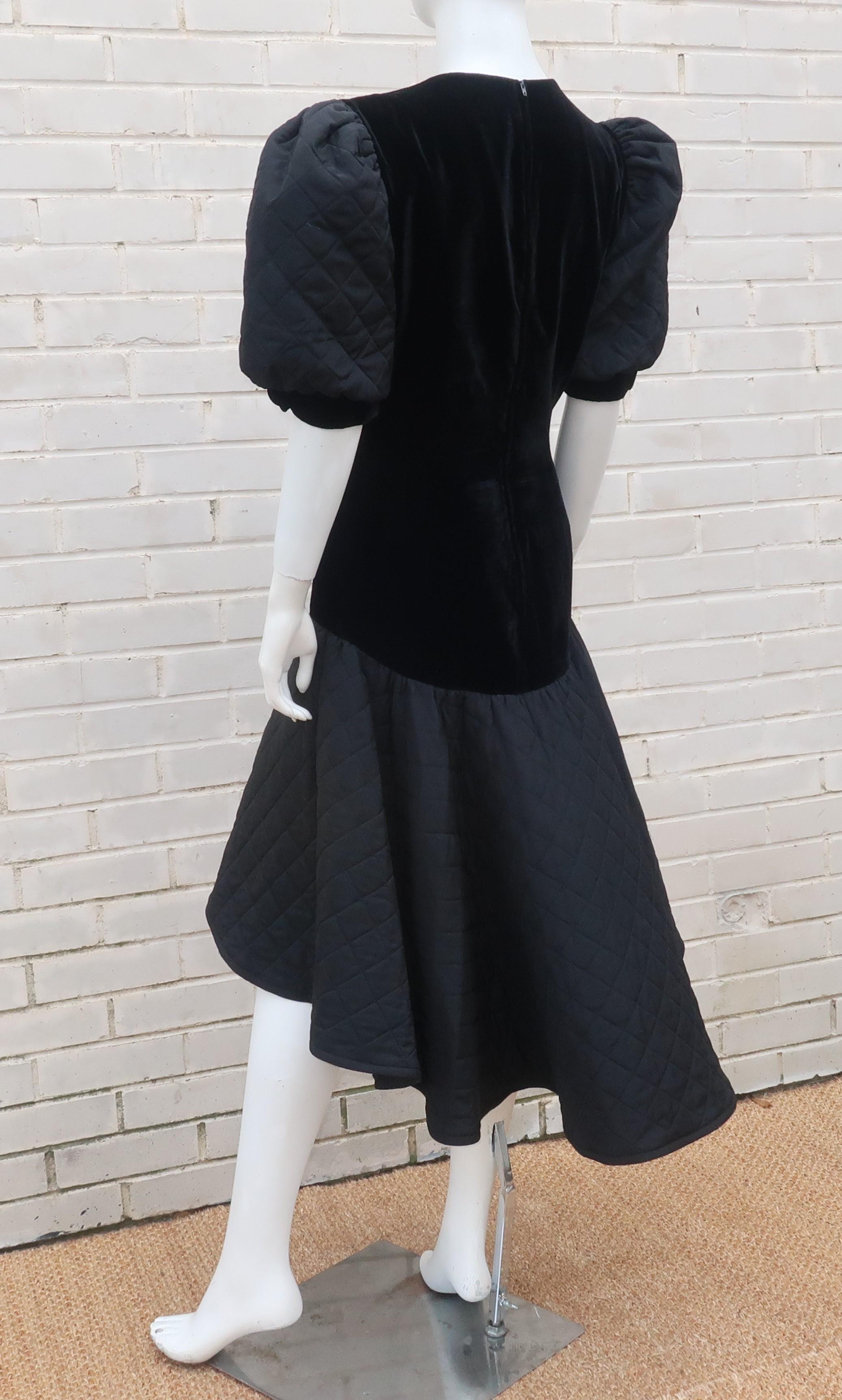 Vintage Black Velvet Quilted Dress With High Low Hem, 1980's 8