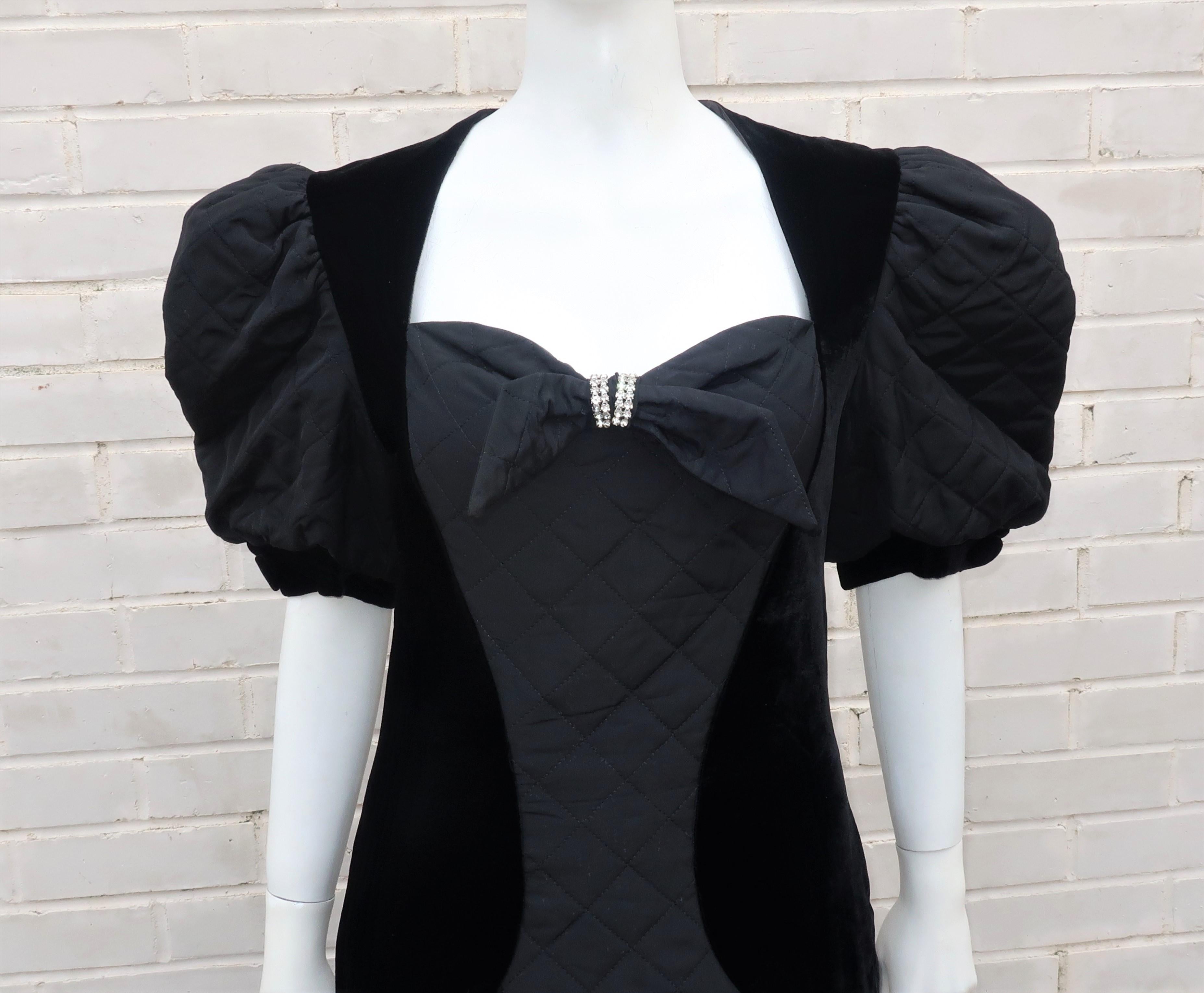 Vintage Black Velvet Quilted Dress With High Low Hem, 1980's In Good Condition In Atlanta, GA