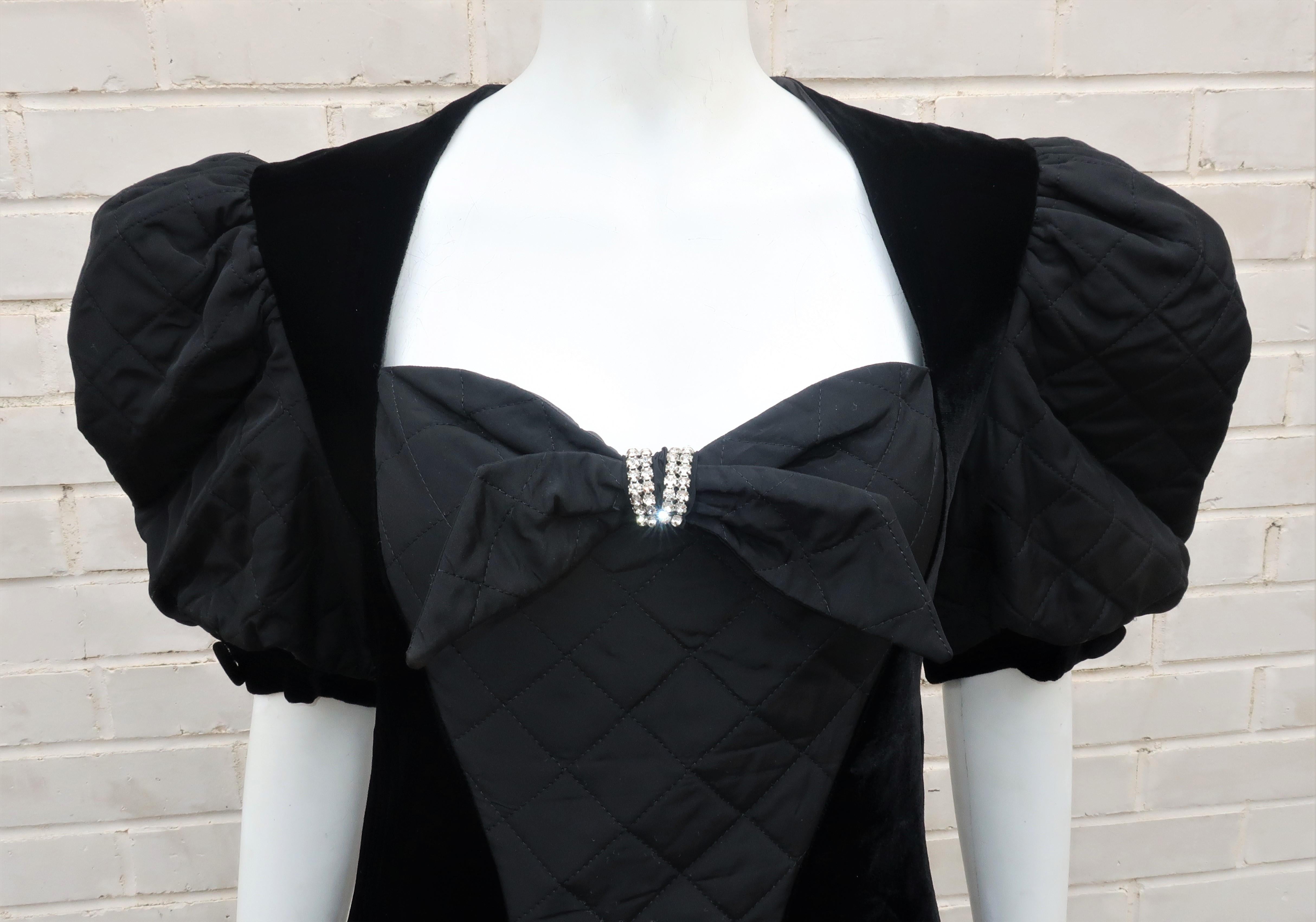 Women's Vintage Black Velvet Quilted Dress With High Low Hem, 1980's