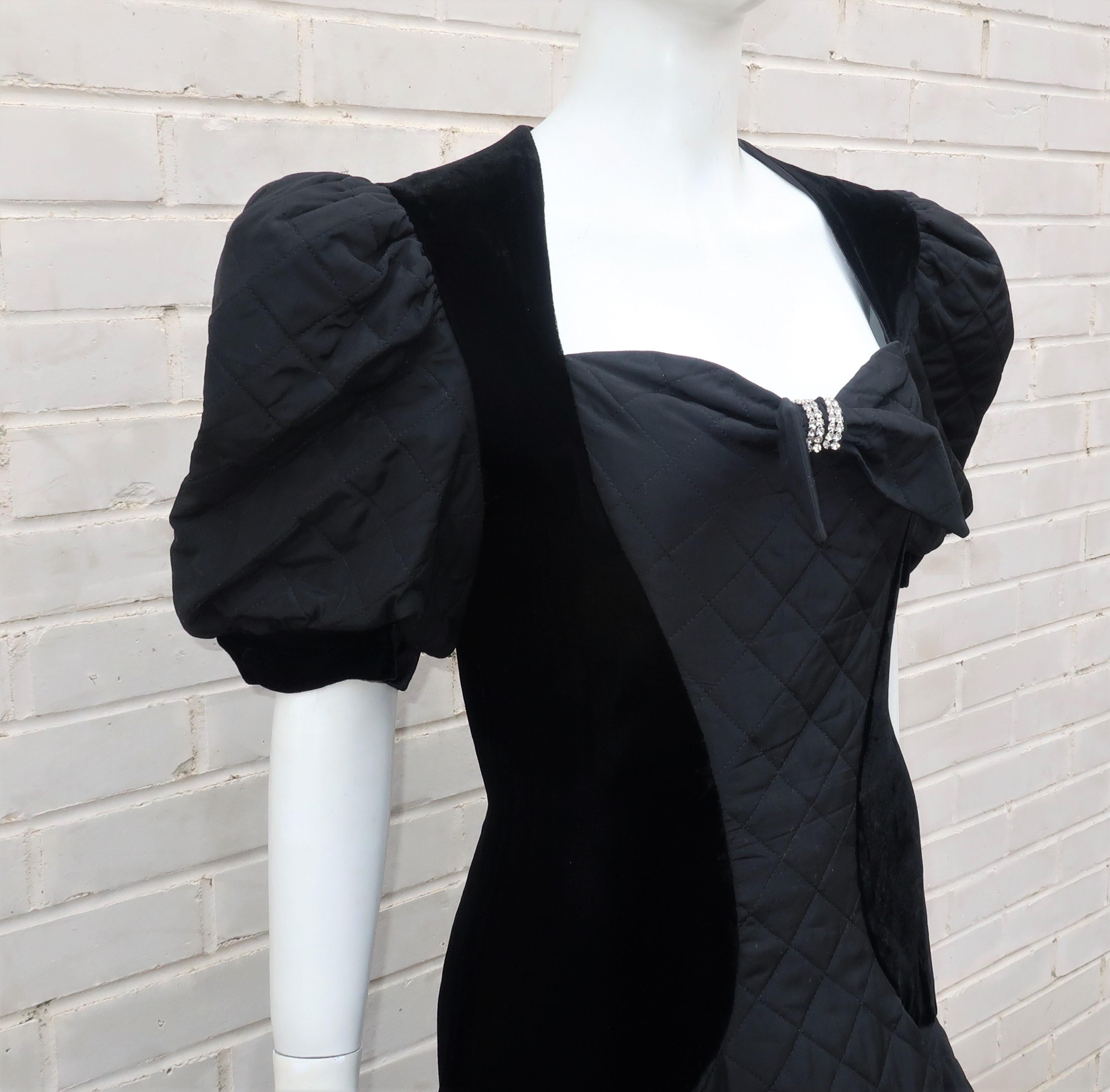 Vintage Black Velvet Quilted Dress With High Low Hem, 1980's 1