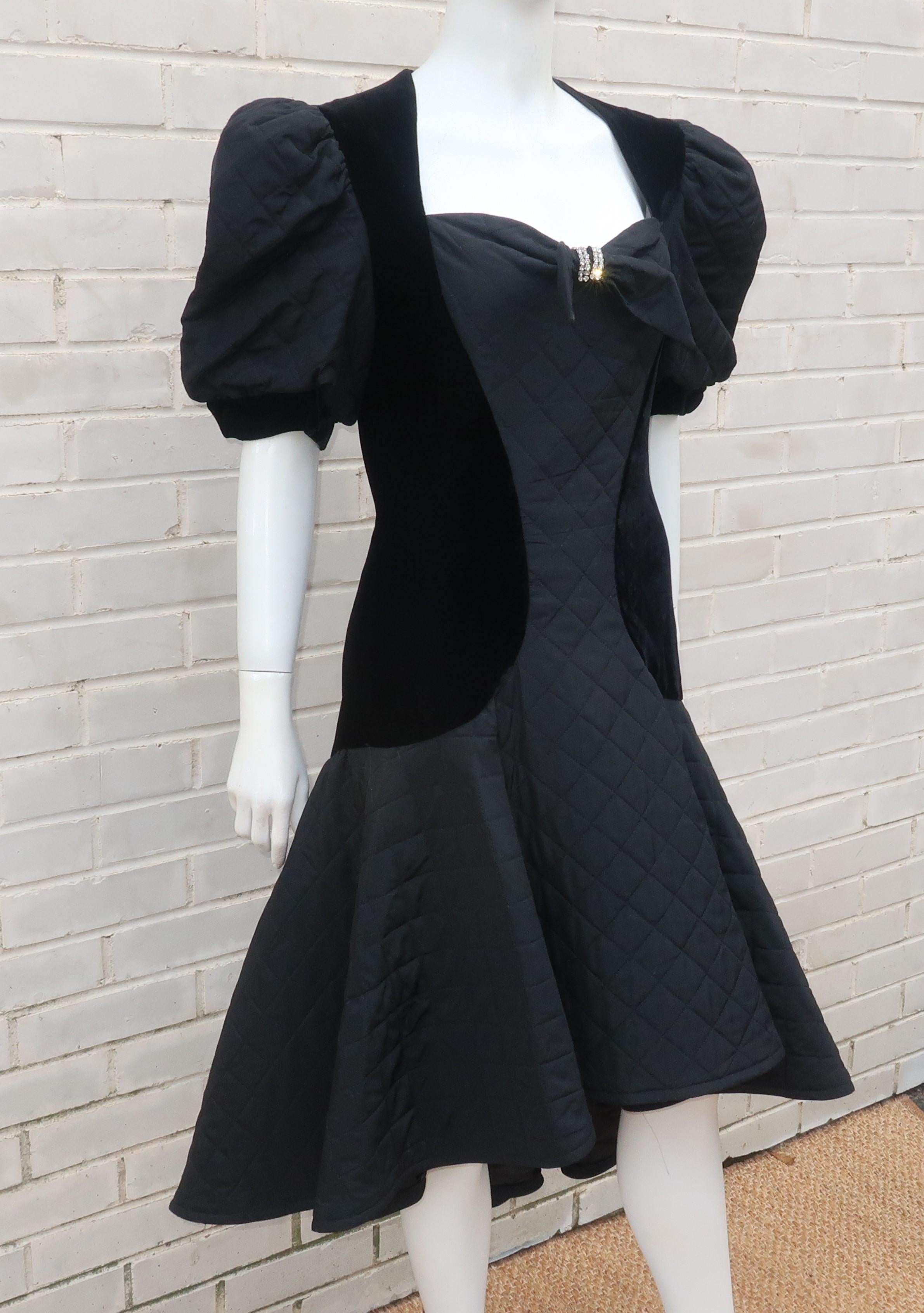Vintage Black Velvet Quilted Dress With High Low Hem, 1980's 2