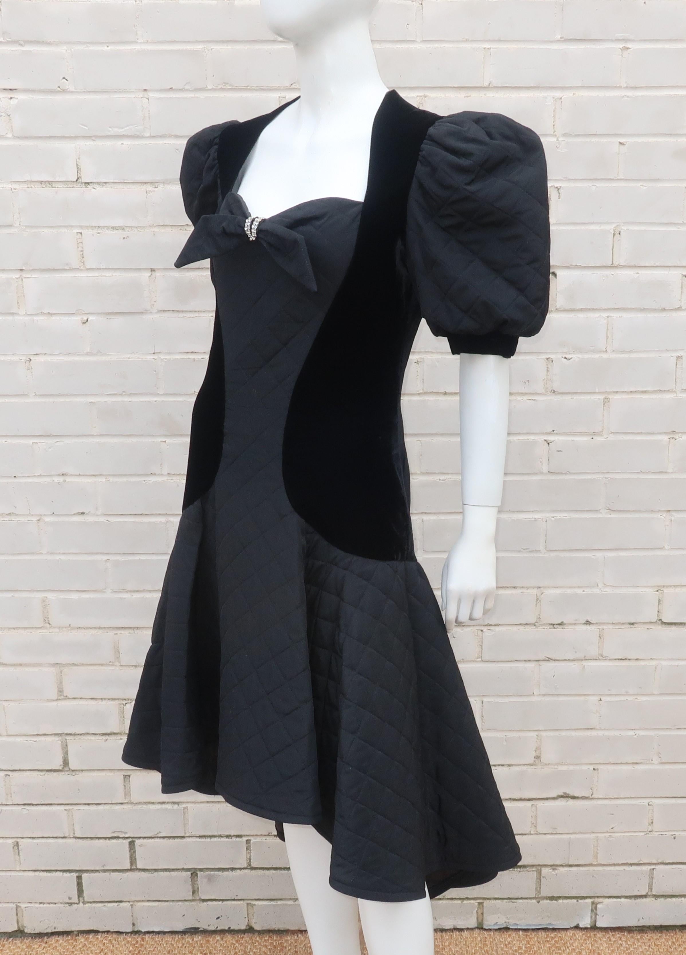 Vintage Black Velvet Quilted Dress With High Low Hem, 1980's 3
