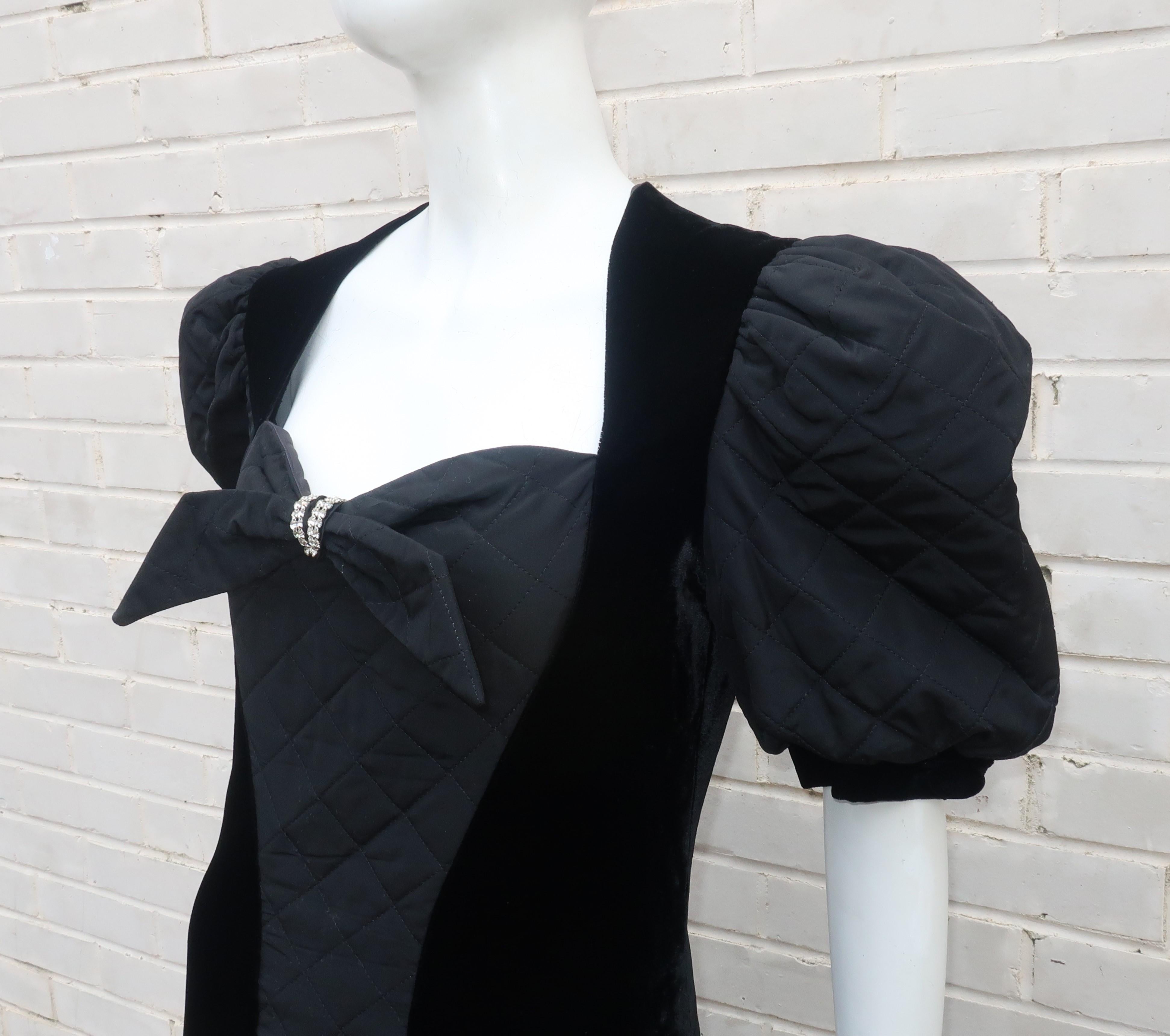 Vintage Black Velvet Quilted Dress With High Low Hem, 1980's 4