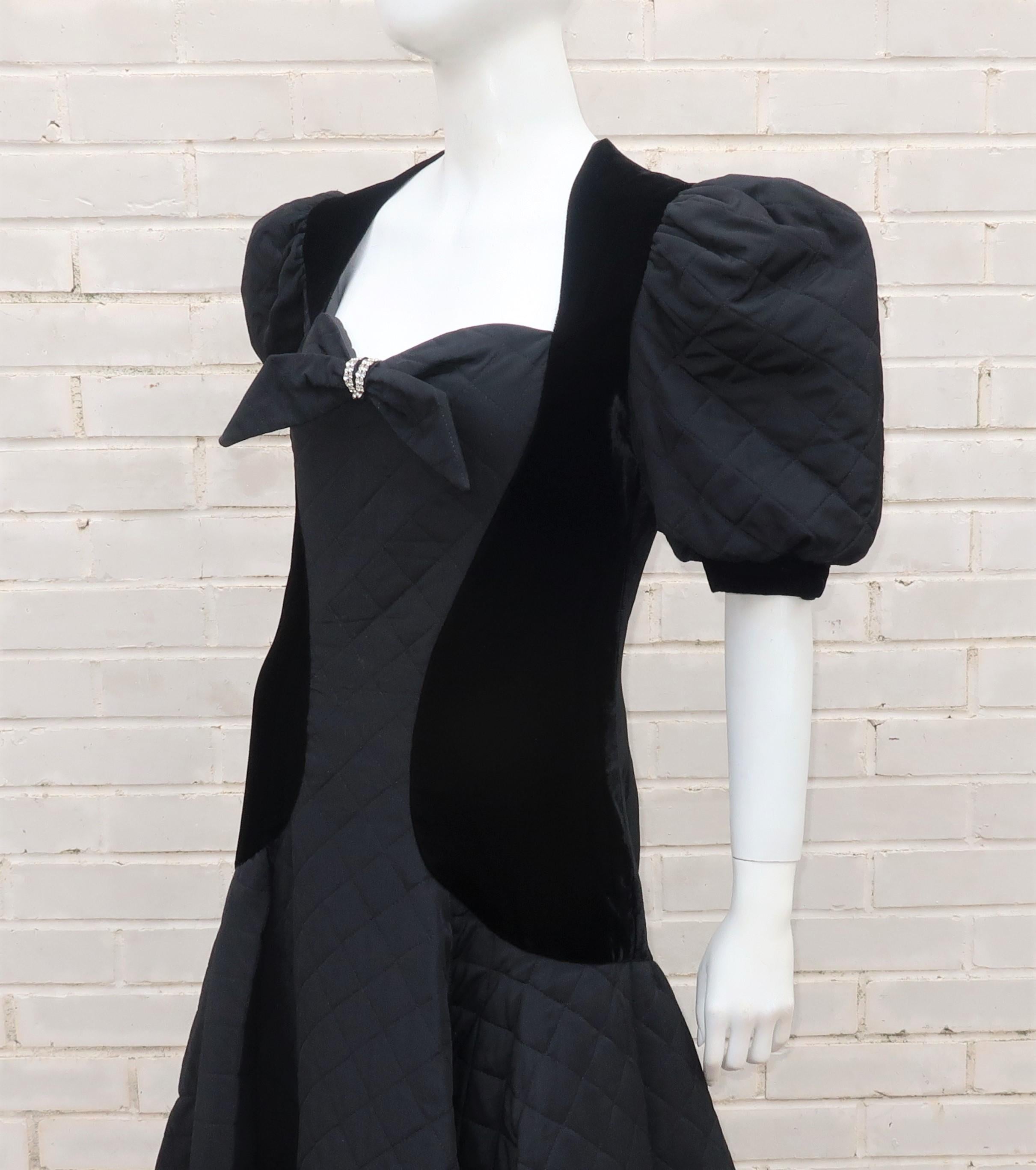 Vintage Black Velvet Quilted Dress With High Low Hem, 1980's 5