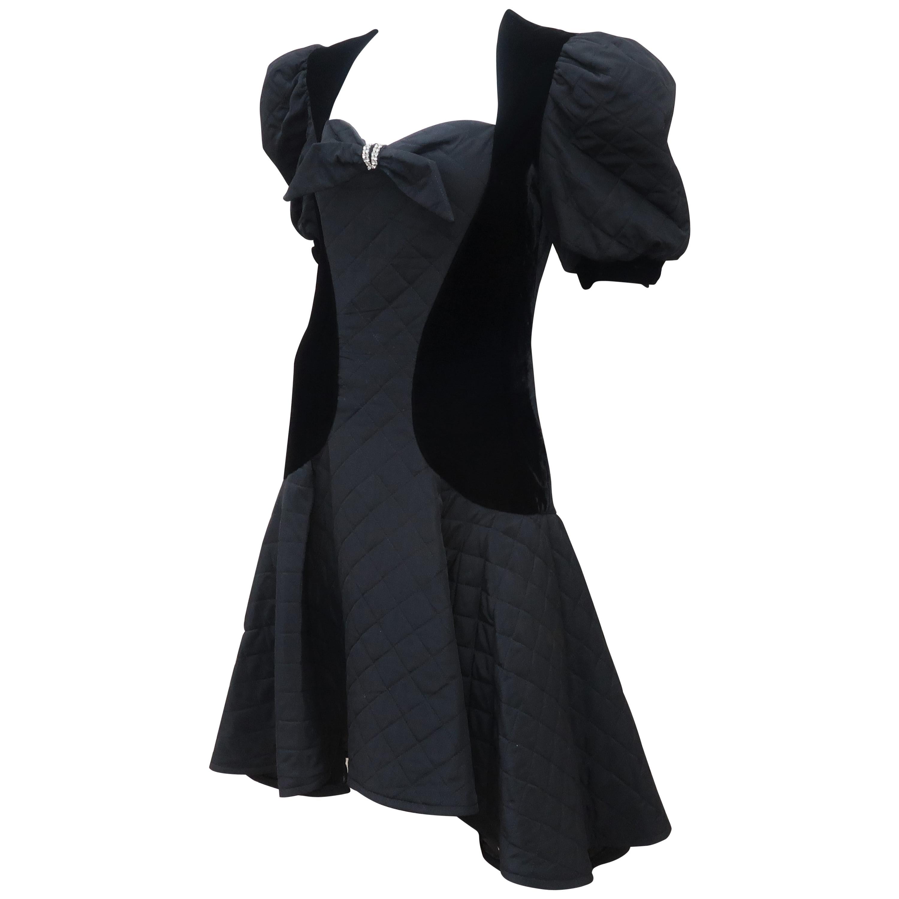 Vintage Black Velvet Quilted Dress With High Low Hem, 1980's