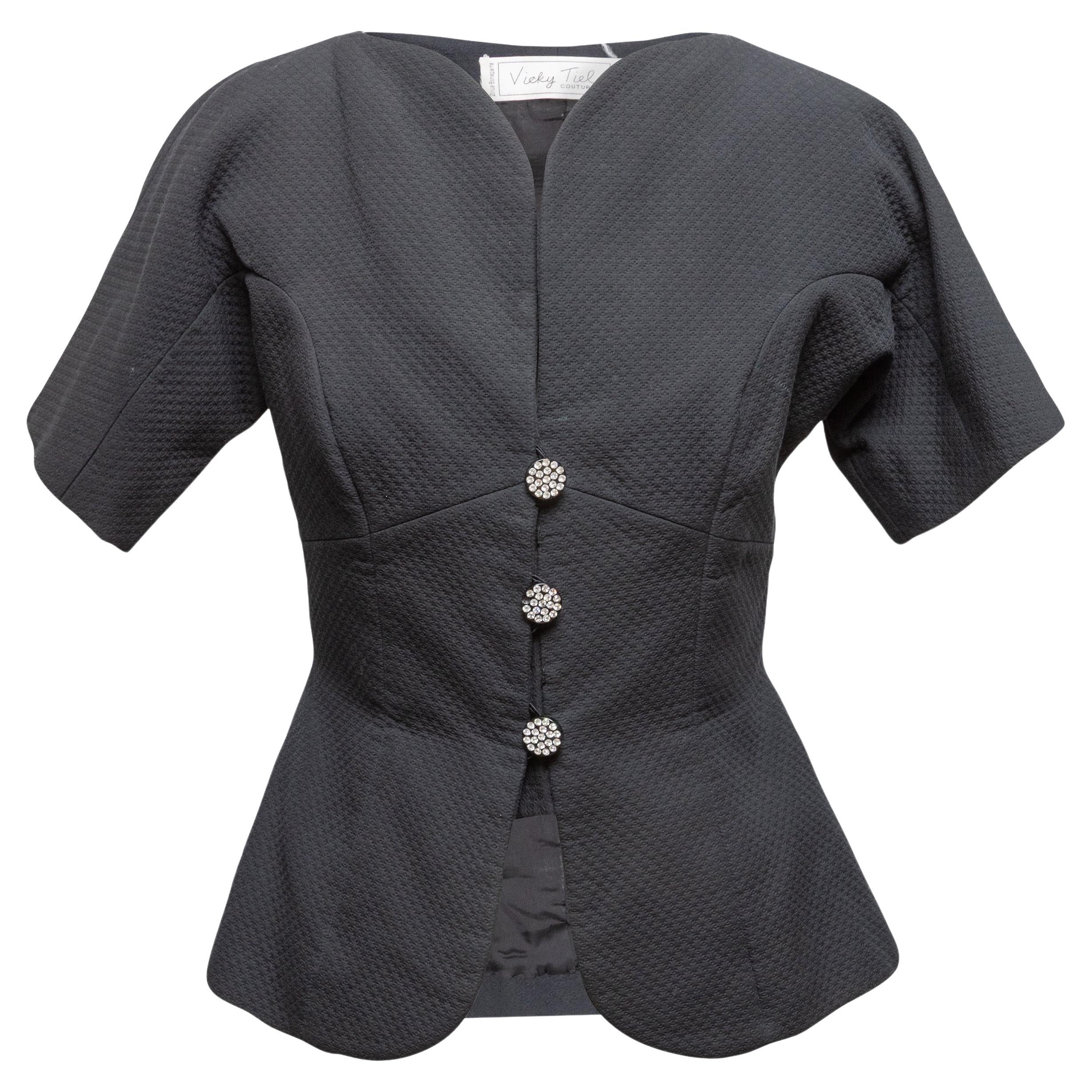 Vintage Black Vicky Tiel Short Sleeve Button-Up Top Size US M