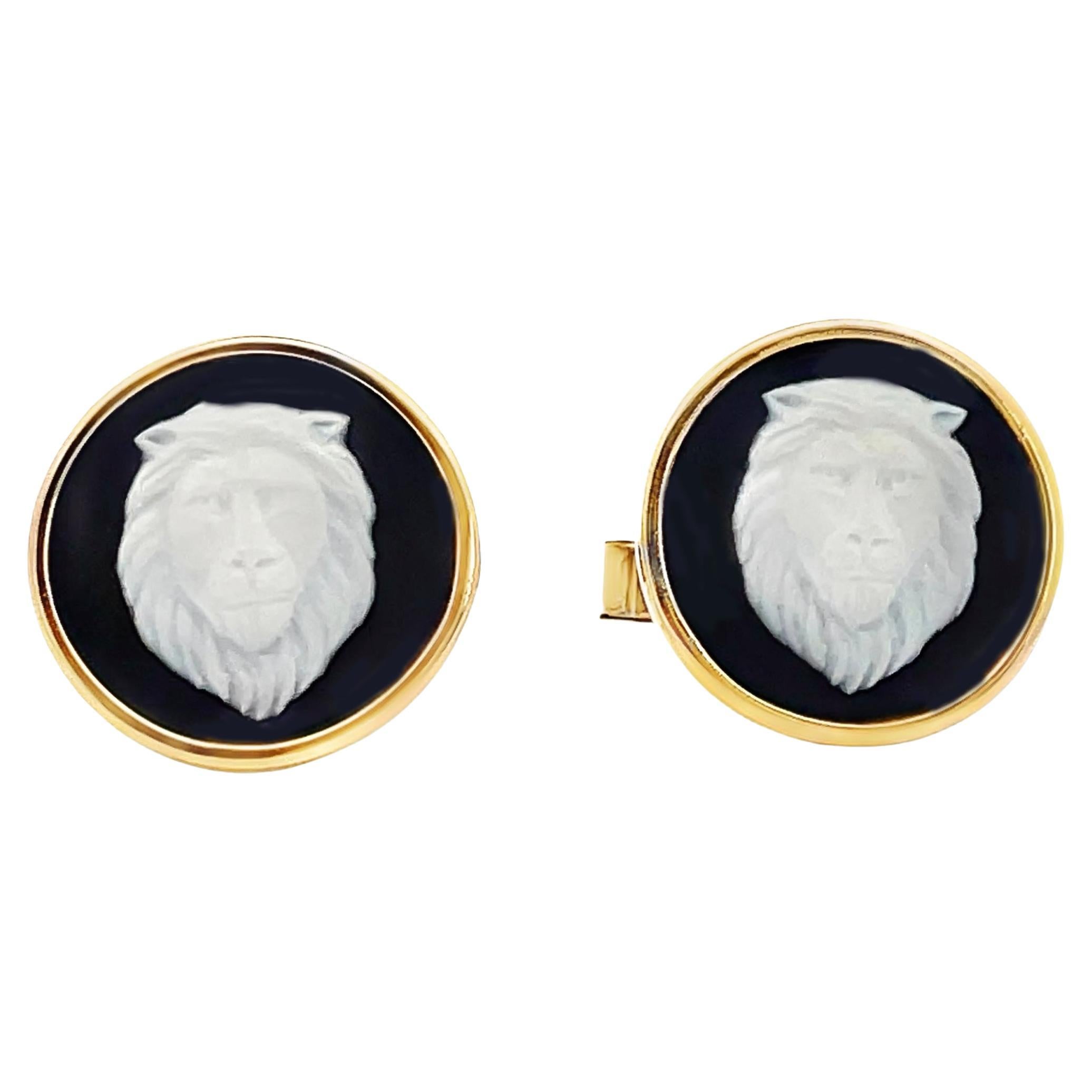 Vintage Black Wedgwood Lion Head Medallion Cufflinks Bezel Set 14K Yellow Gold
