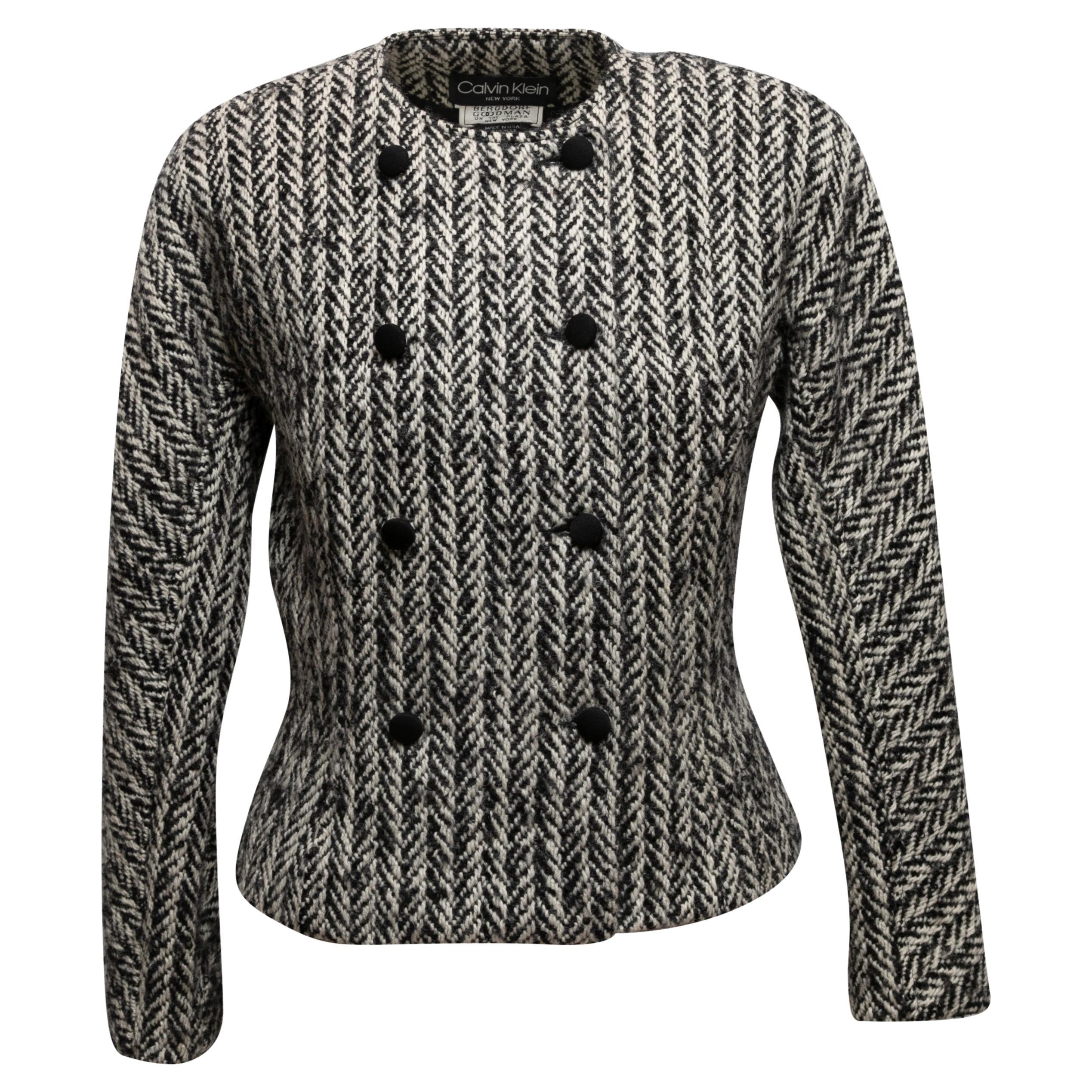 Vintage Black & White Calvin Klein Wool Herringbone Jacket Size US 8 For Sale
