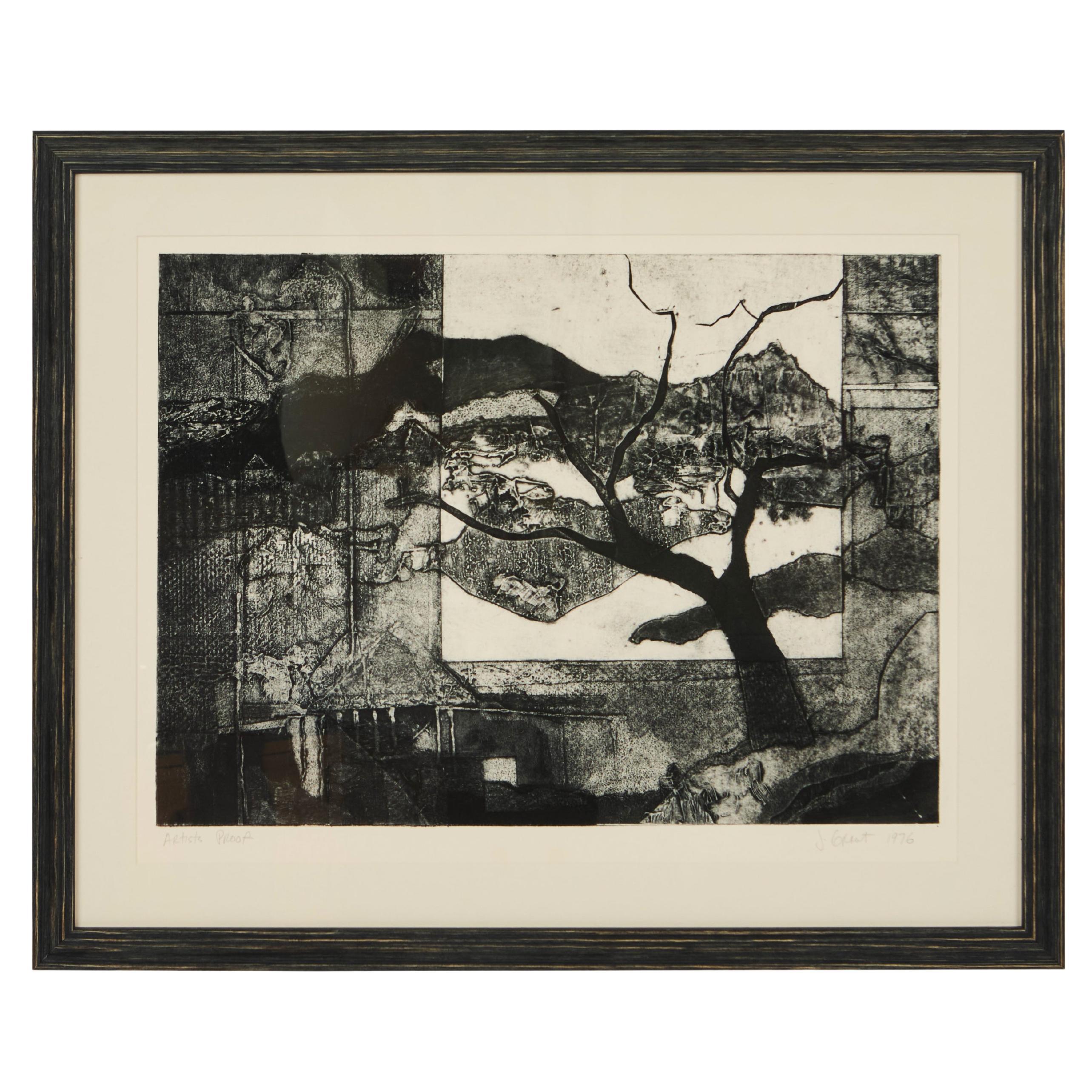 Vintage Black + White Etching of a Tree in a Landscape, Signed by Artist