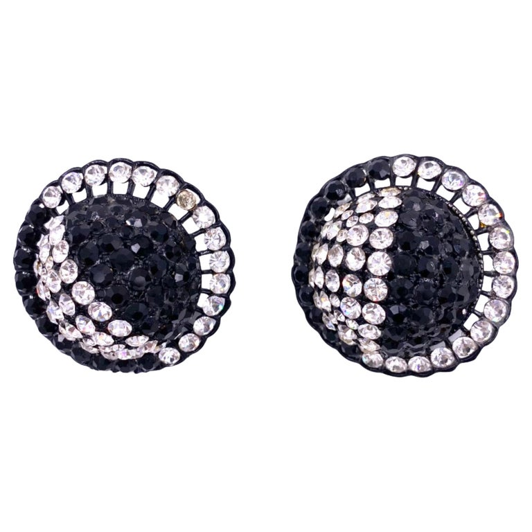Boucles D'Oreilles Clips Vintage Années 80 Argenté & Noir - Puces En Plastique, Occasion Rétro