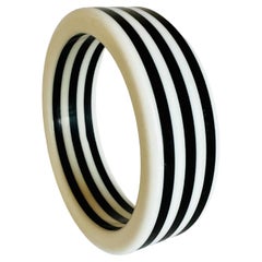 Vintage Black White Striped Wide Bangle Statement Bracelet