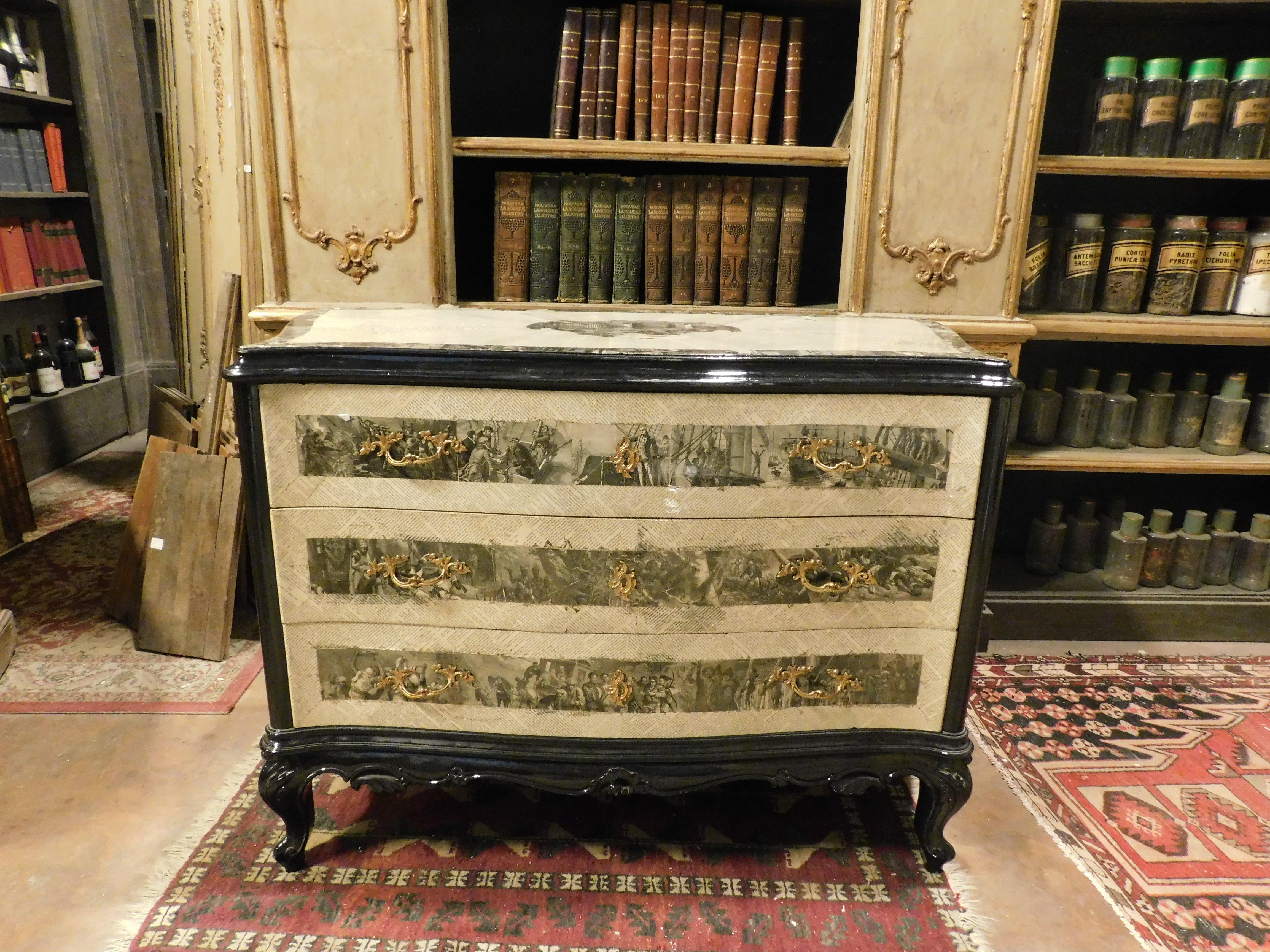 French Vintage black/white wooden dresser with three drawers, covered in paper, France For Sale