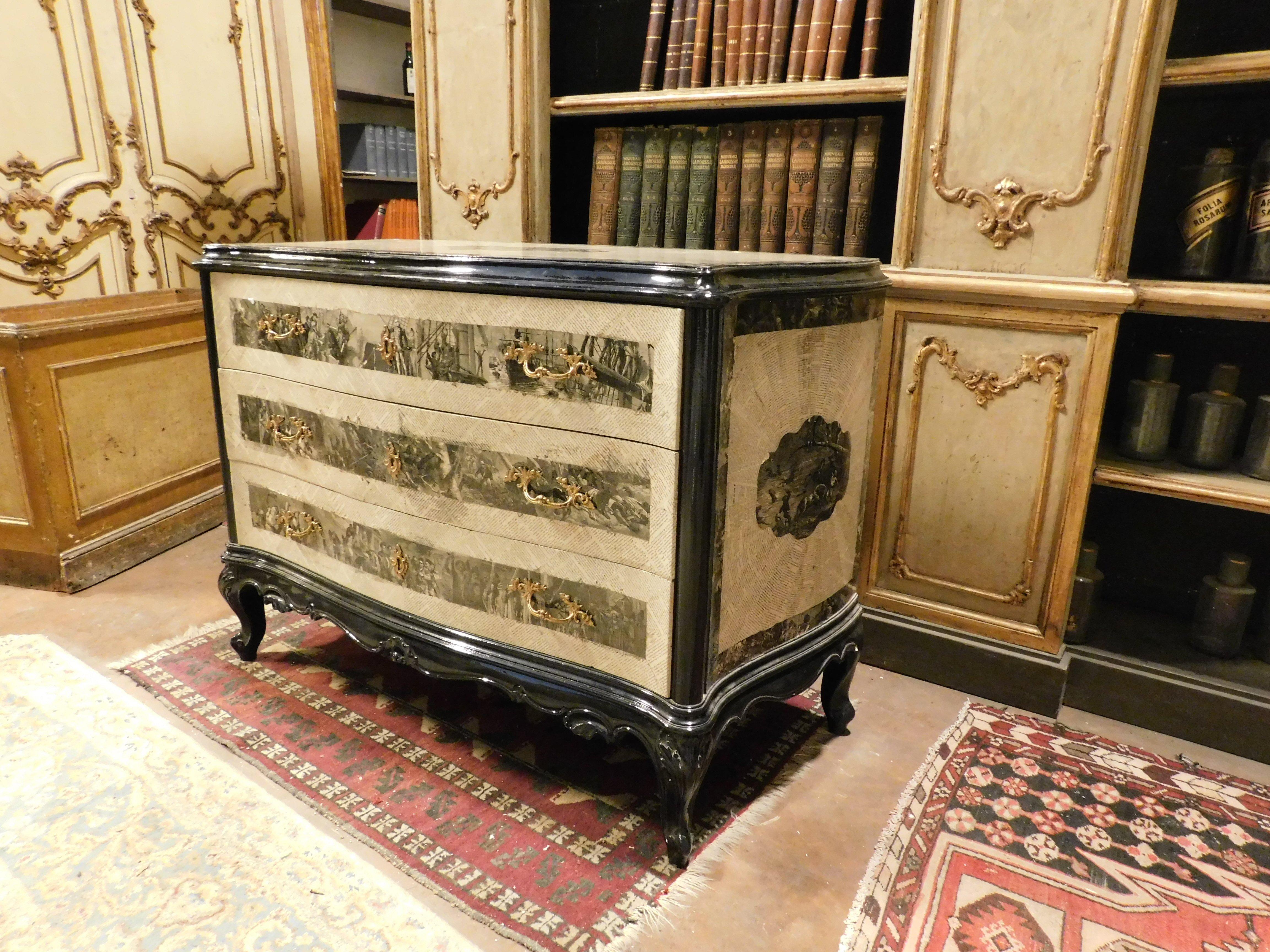 Carved Vintage black/white wooden dresser with three drawers, covered in paper, France For Sale