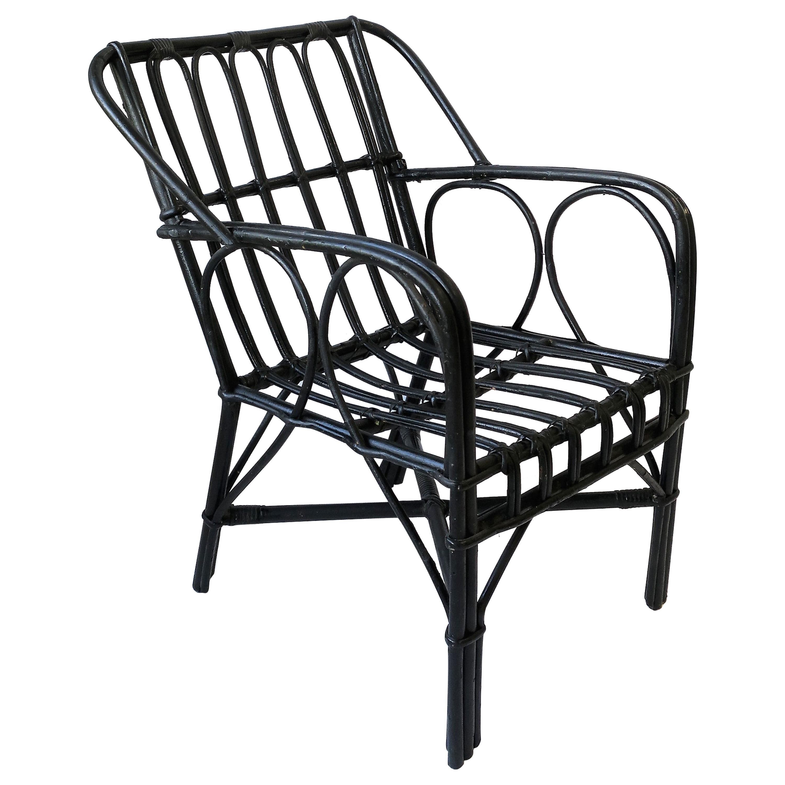 Vintage Black Wicker Rattan Armchair For Sale at 1stDibs