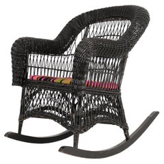 Vintage Black Wicker Rocking Chair with Colourful Cushion