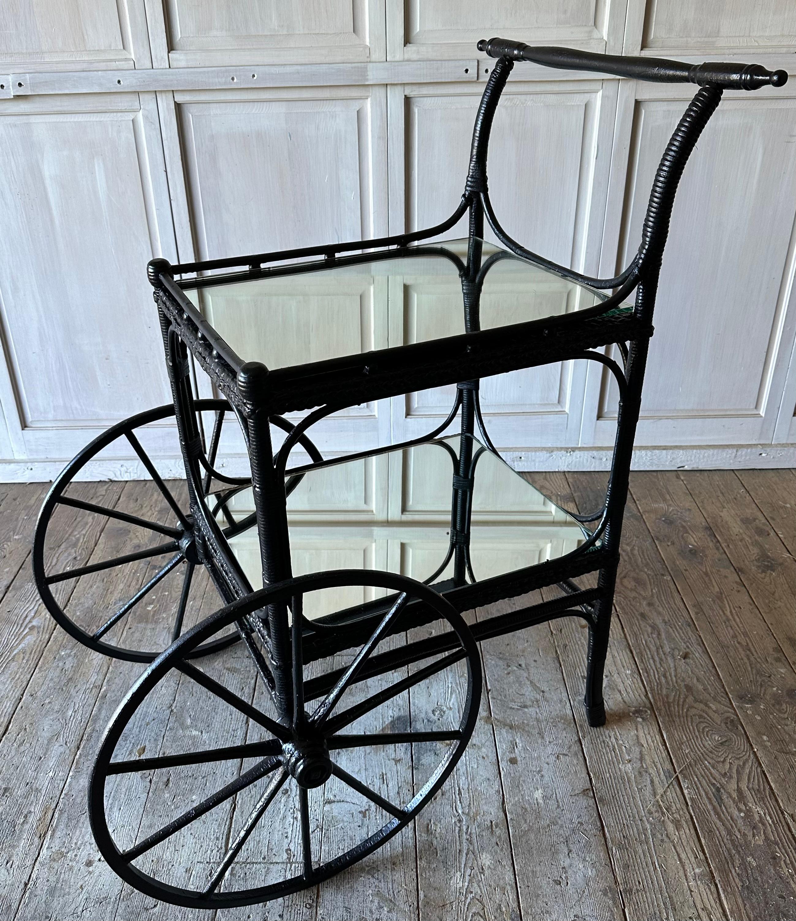 Vintage Black Wicker Serving Cart For Sale 4