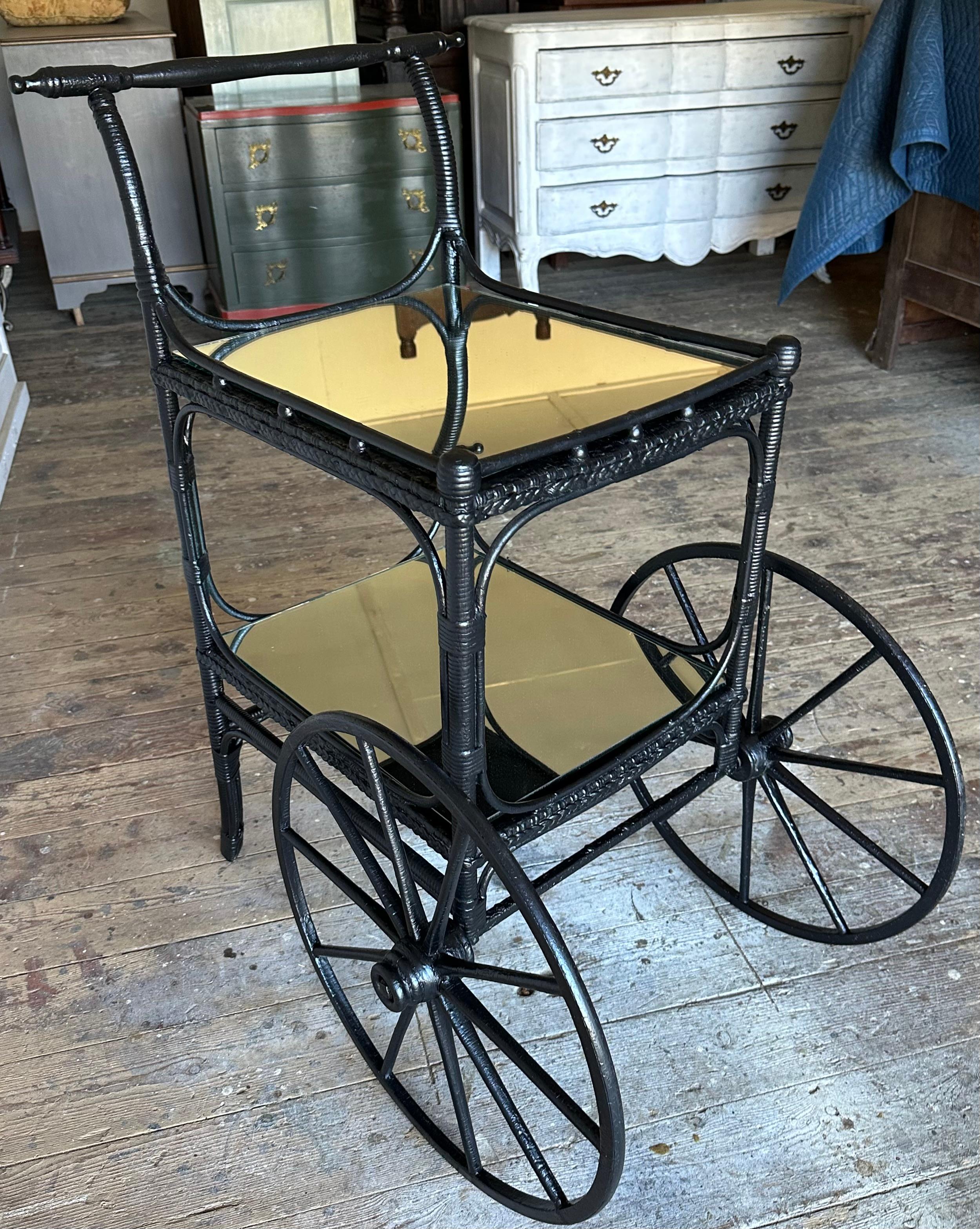 American Vintage Black Wicker Serving Cart For Sale