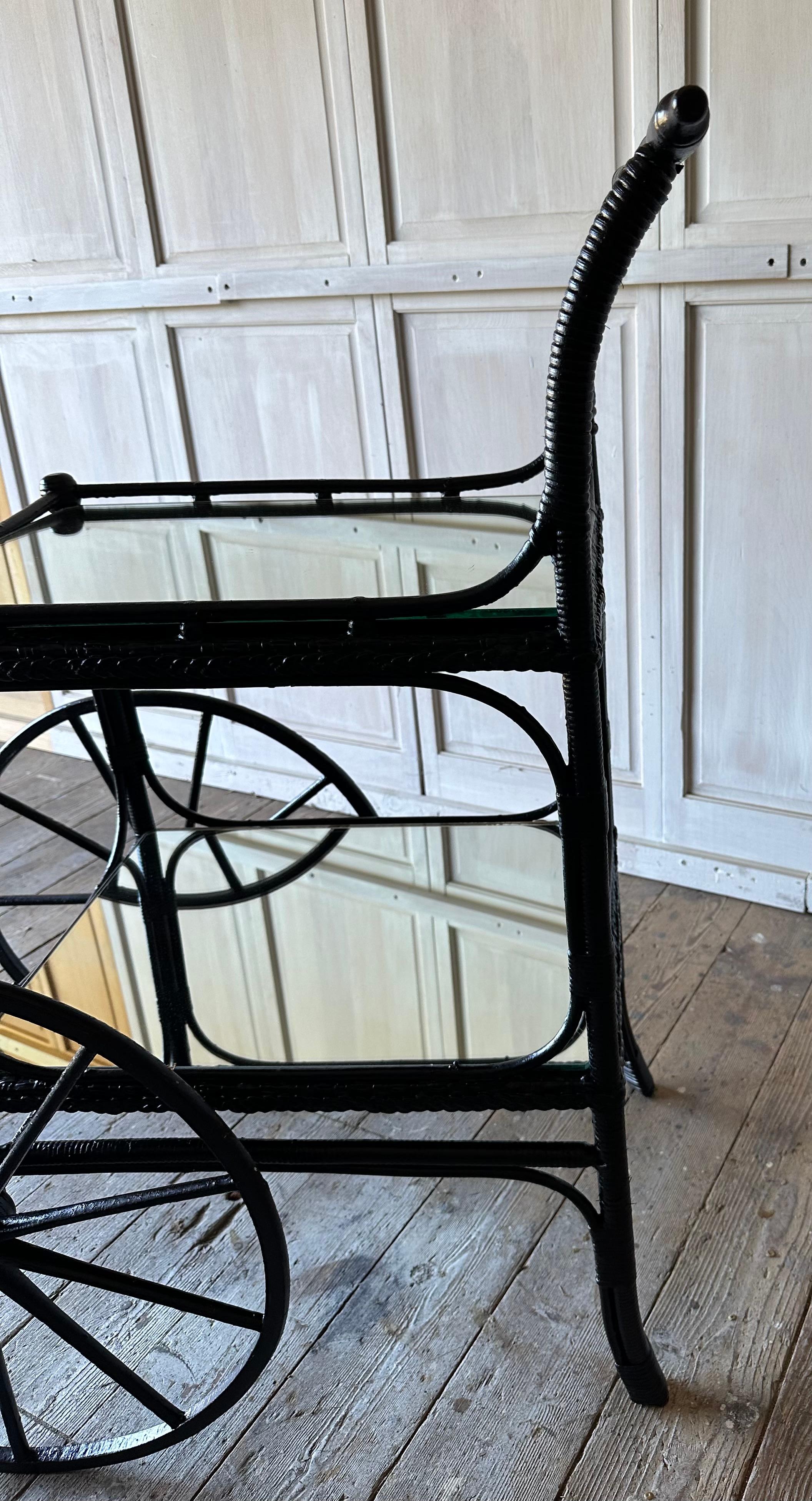 20th Century Vintage Black Wicker Serving Cart For Sale