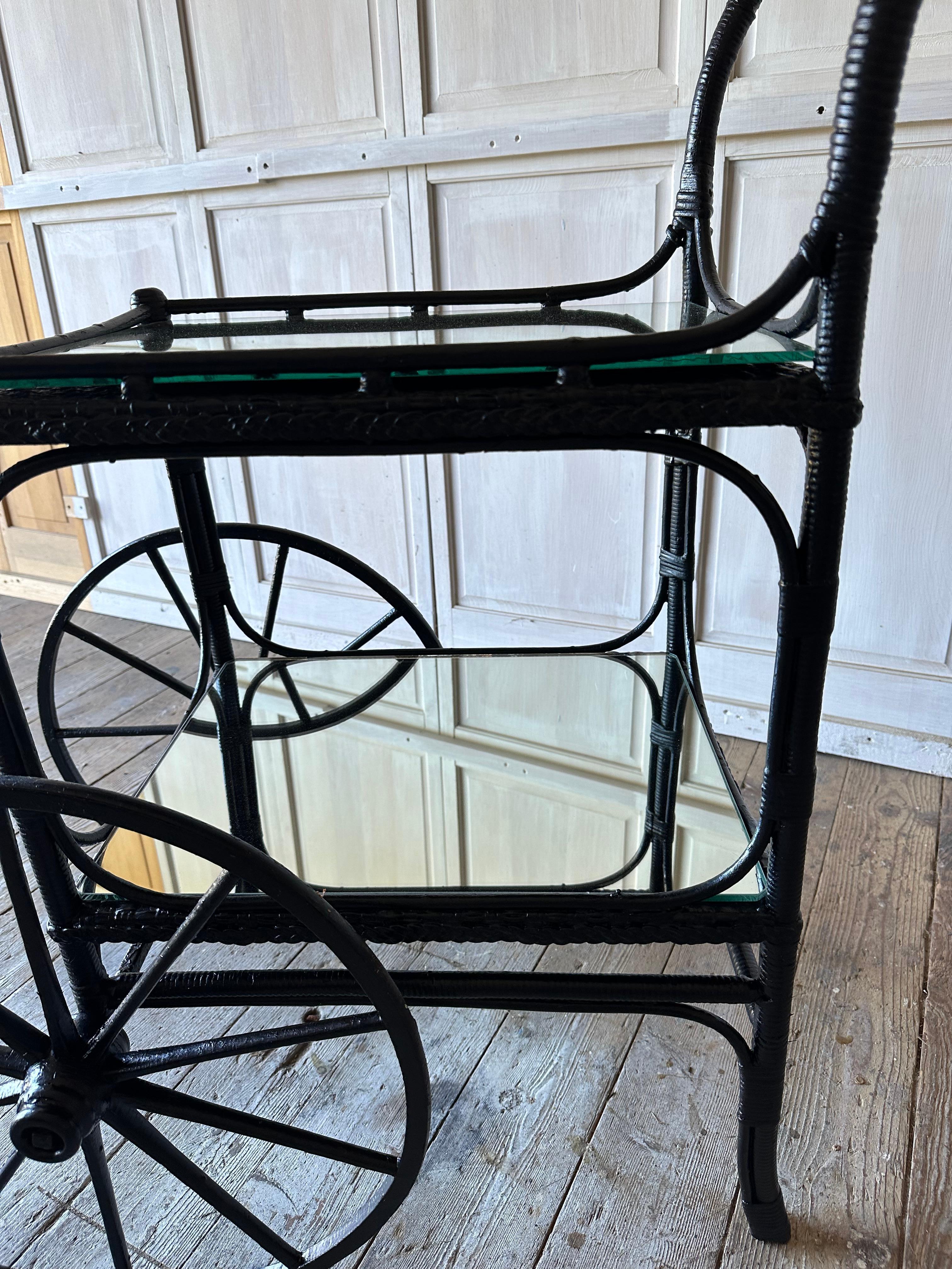 Vintage Black Wicker Serving Cart For Sale 1