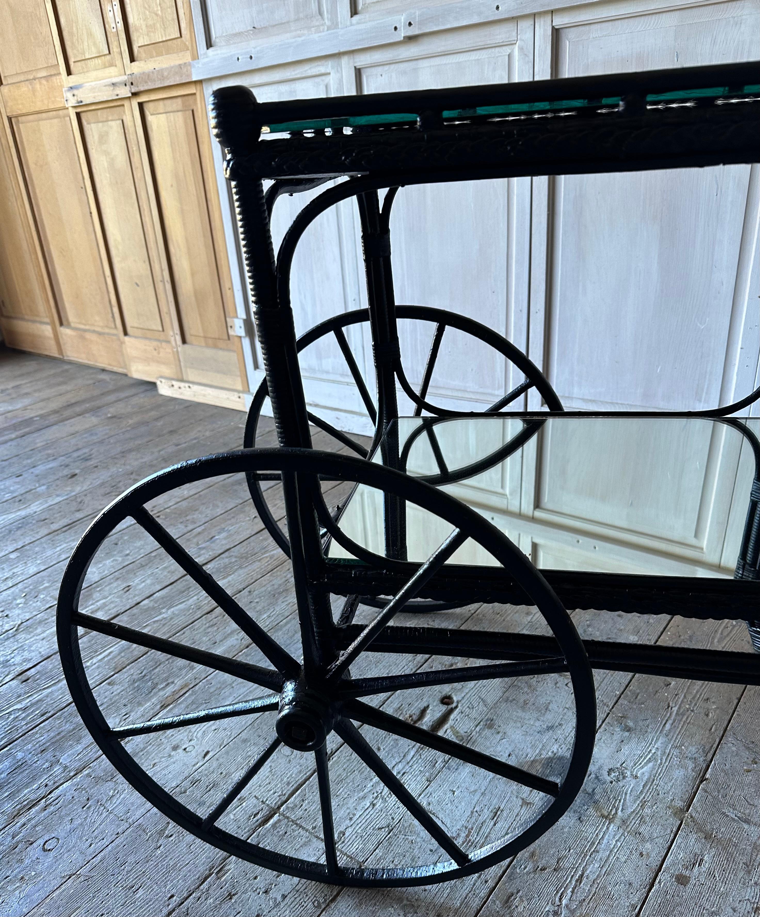 Vintage Black Wicker Serving Cart For Sale 2