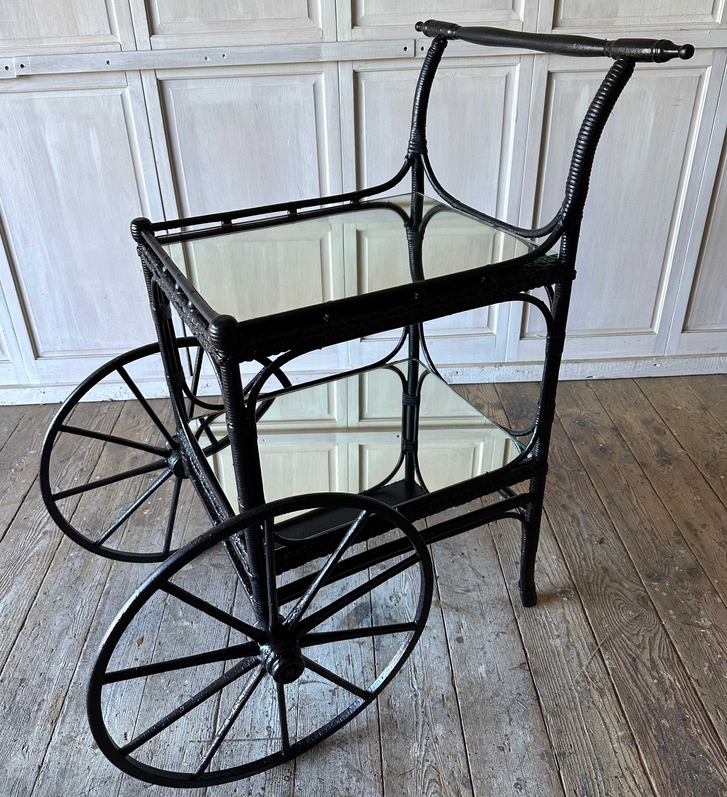 Vintage Black Wicker Serving Cart For Sale 3