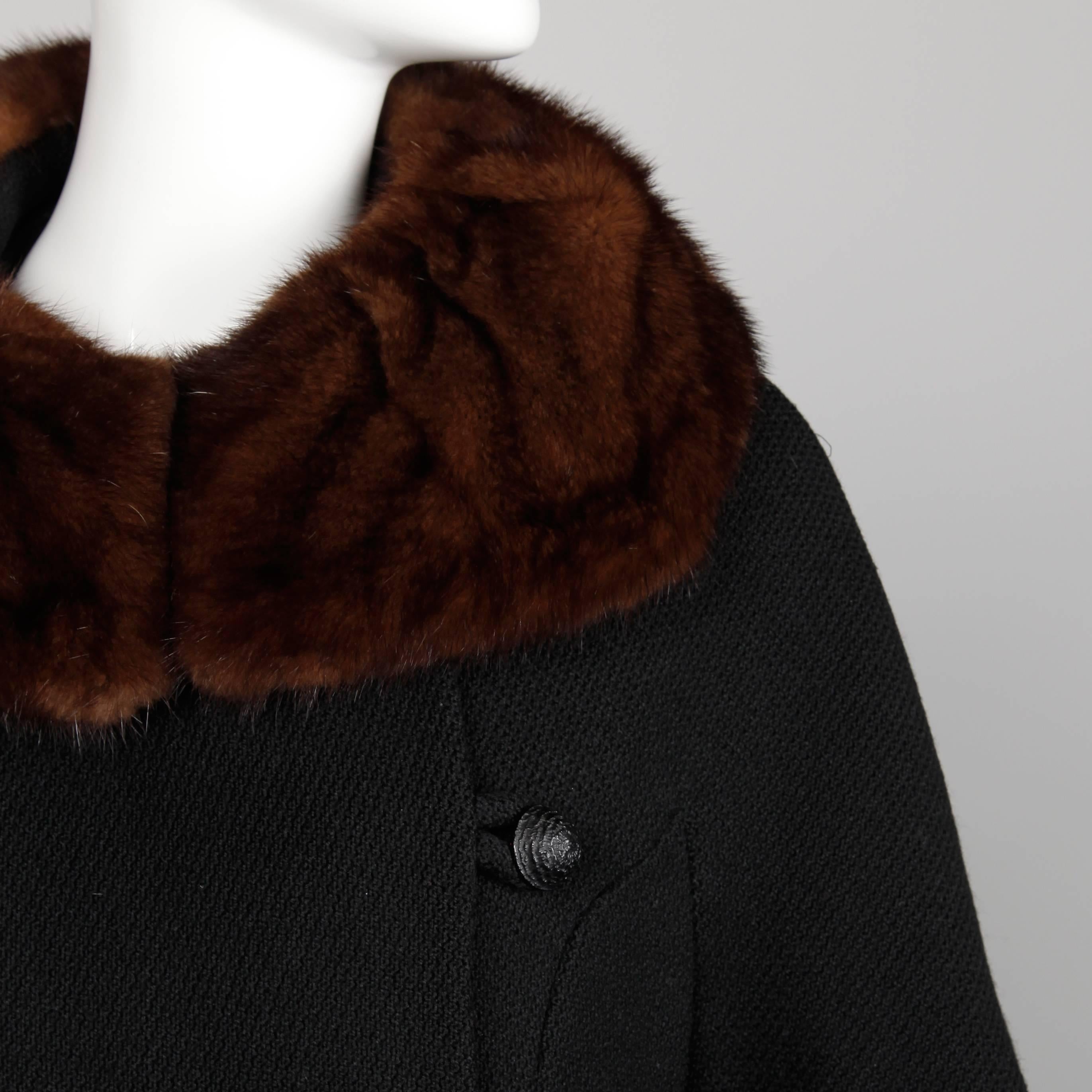 Vintage Black Wool Asymmetric Coat with Brown Mink Fur Collar, 1960s  In Excellent Condition For Sale In Sparks, NV