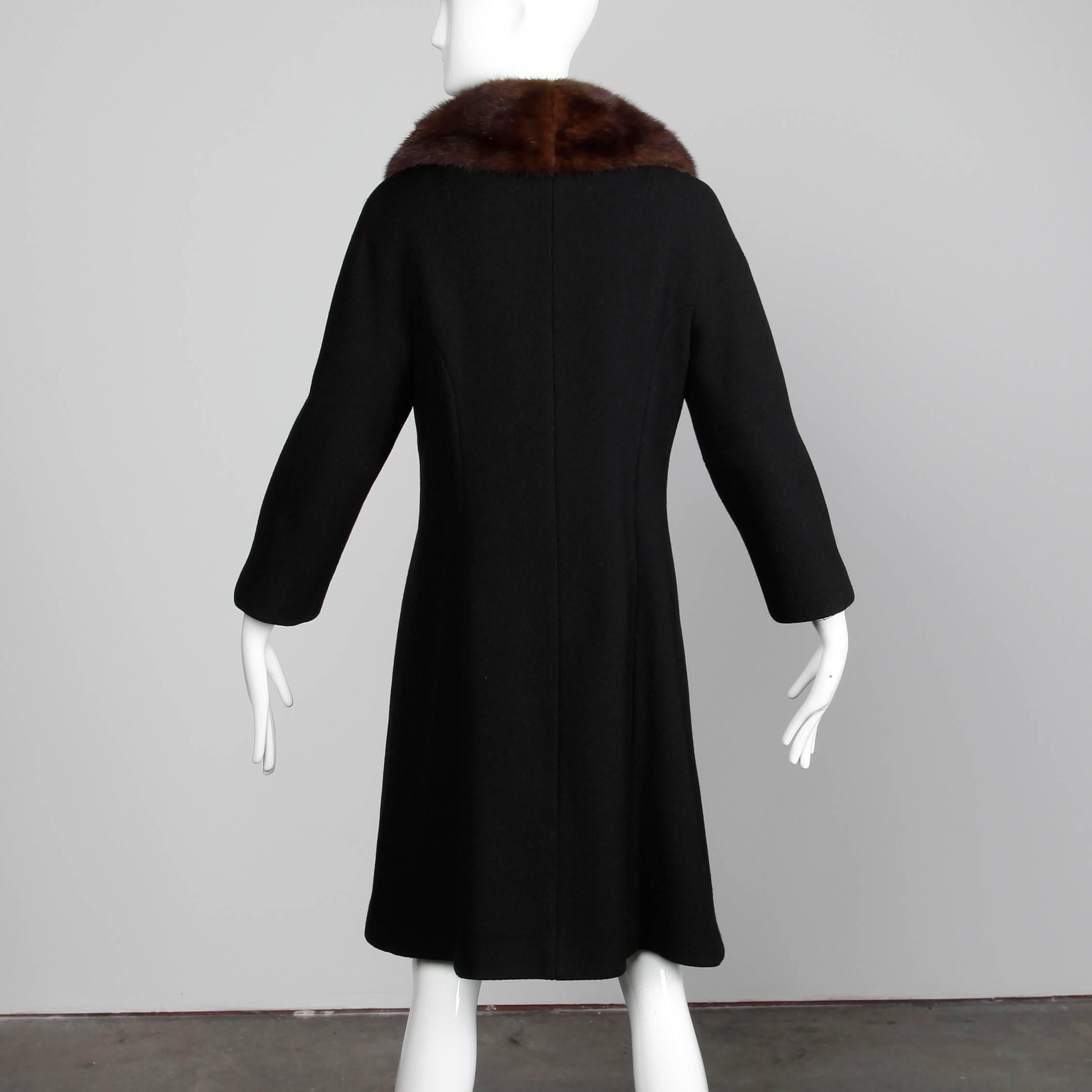 Women's Vintage Black Wool Asymmetric Coat with Brown Mink Fur Collar, 1960s  For Sale