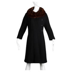 Vintage Black Wool Asymmetric Coat with Brown Mink Fur Collar, 1960s 