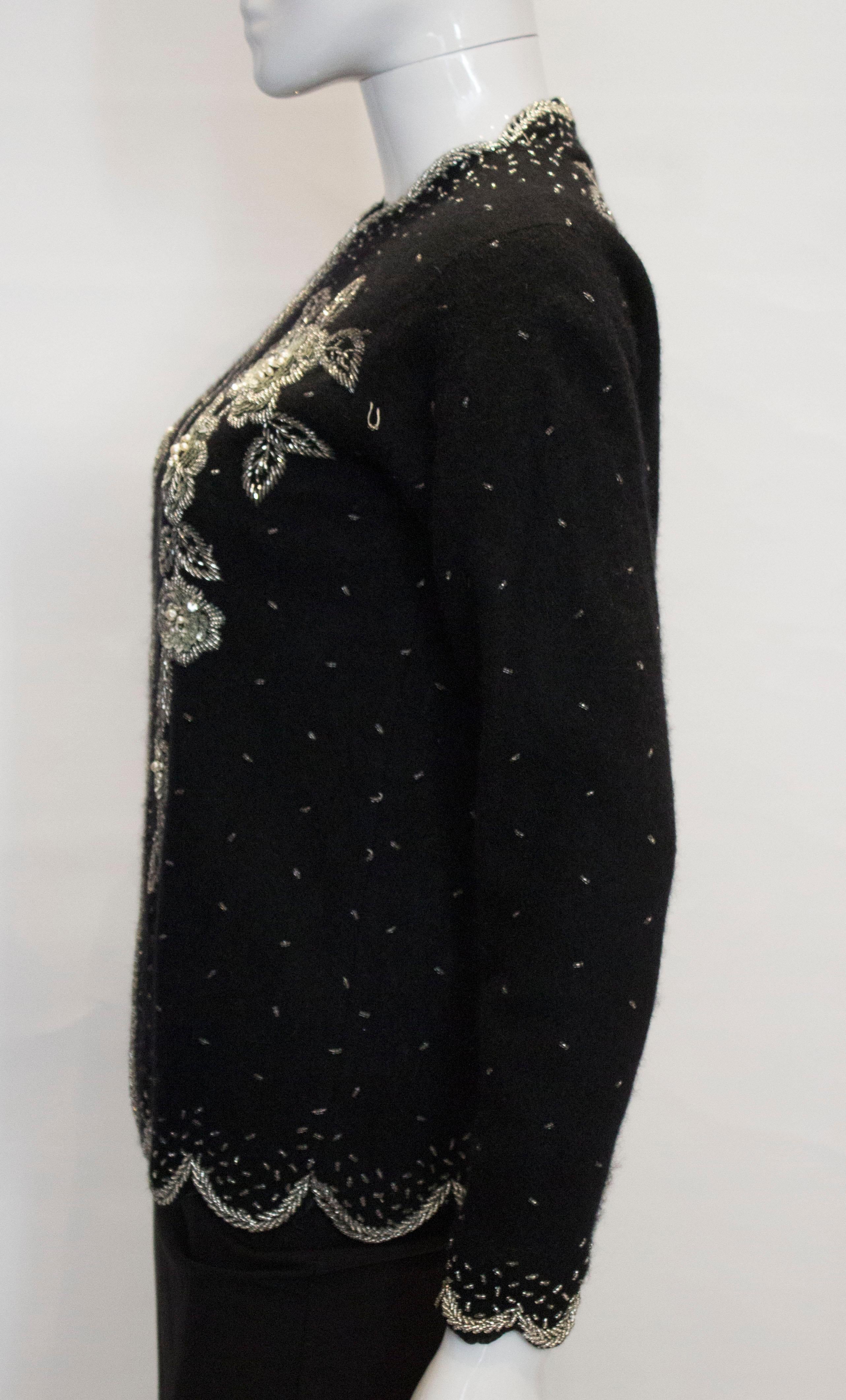 Vintage Black Wool Cardigan with Sequin , Bead and Pearl decoration In Good Condition For Sale In London, GB