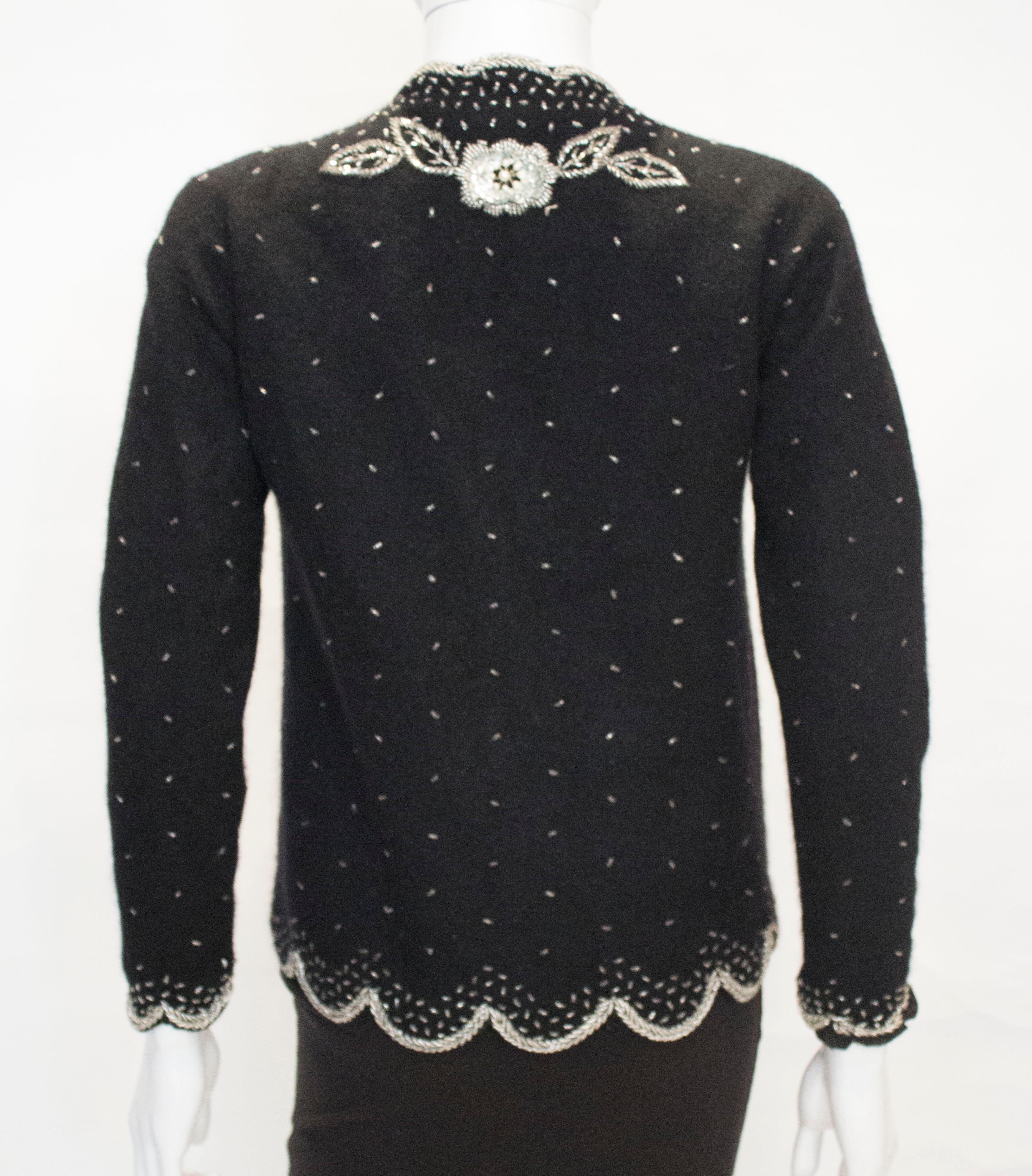 Vintage Black Wool Cardigan with Sequin , Bead and Pearl decoration For Sale 1
