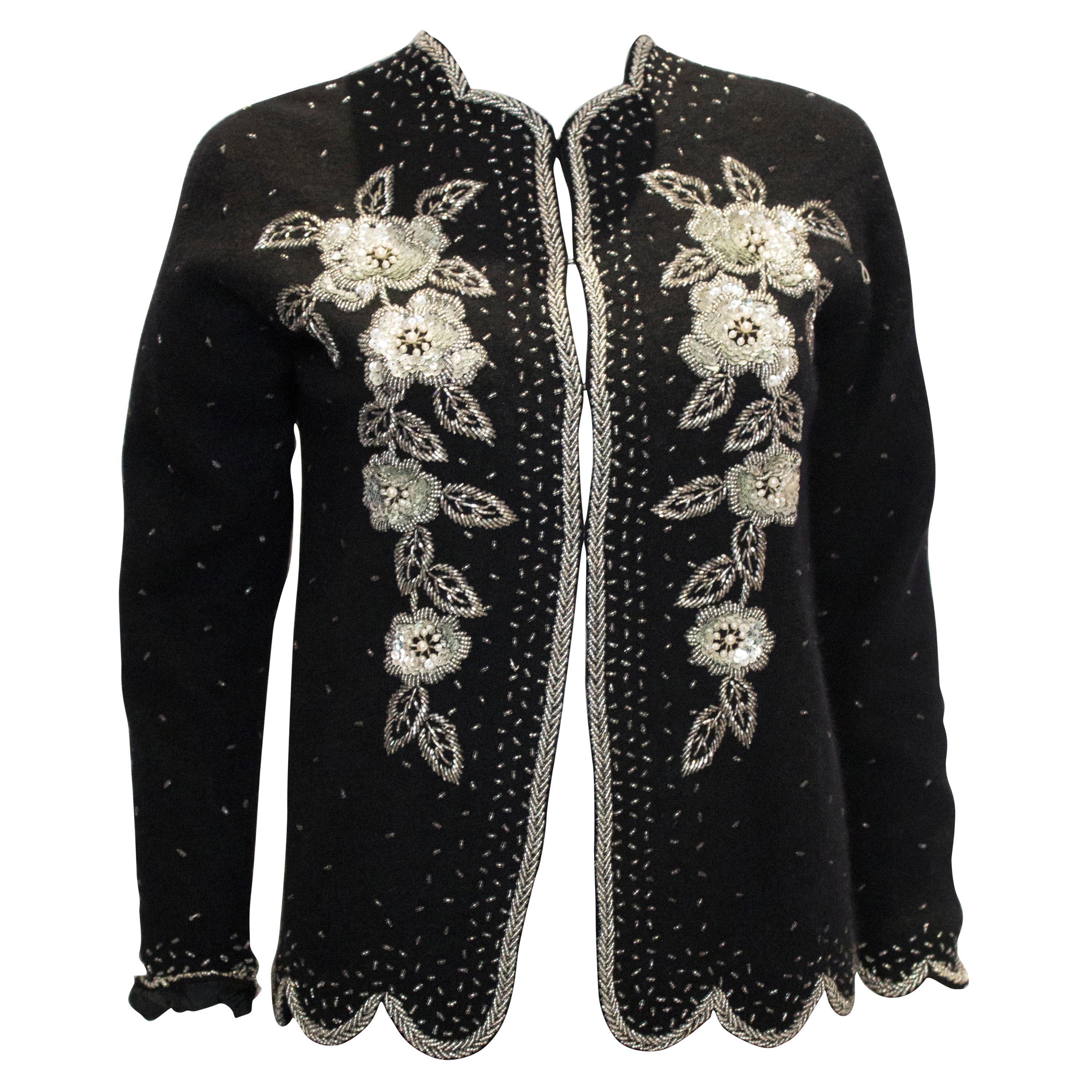 Vintage Black Wool Cardigan with Sequin , Bead and Pearl decoration For Sale