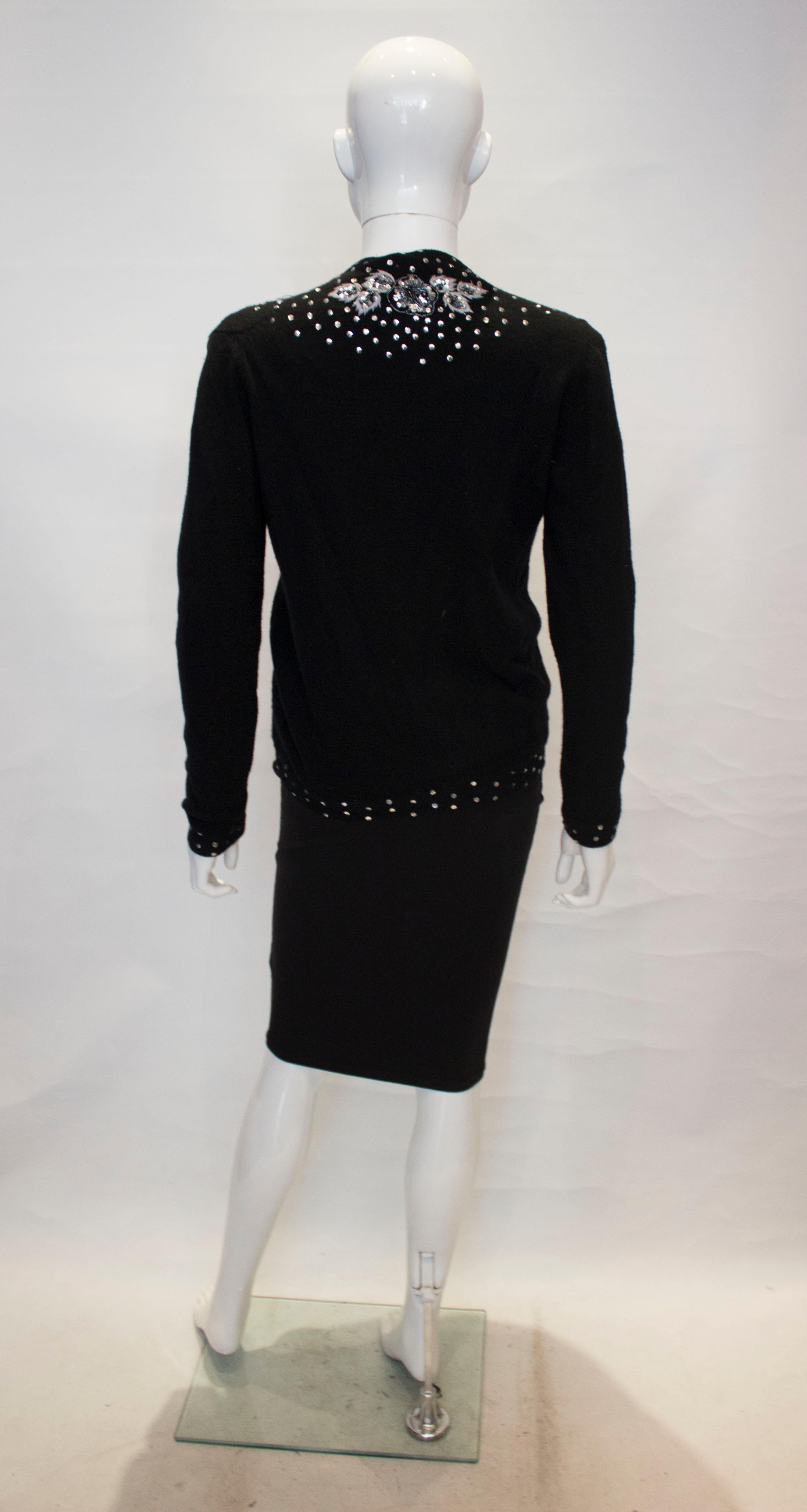 Vintage Black Wool Cardigan with Wonderful Pearl, Sequin and Bead detail. For Sale 1