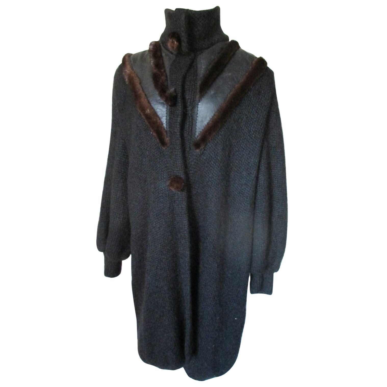 Vintage Black Wool Mink Fur Coat Vest  For Sale