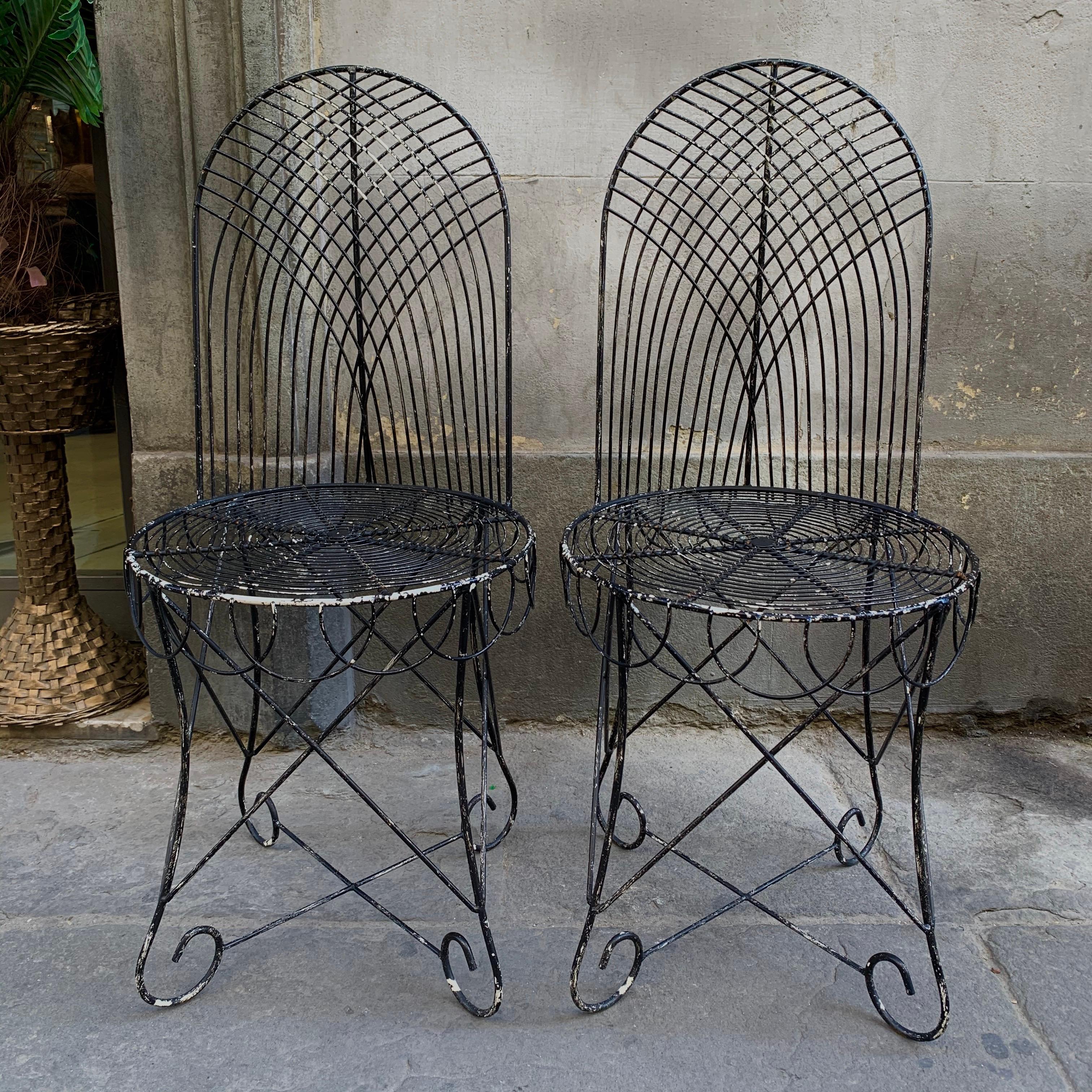 Mid-Century Modern Vintage Black Wrought Iron Midcentury Garden Pair of Chairs, 1950s