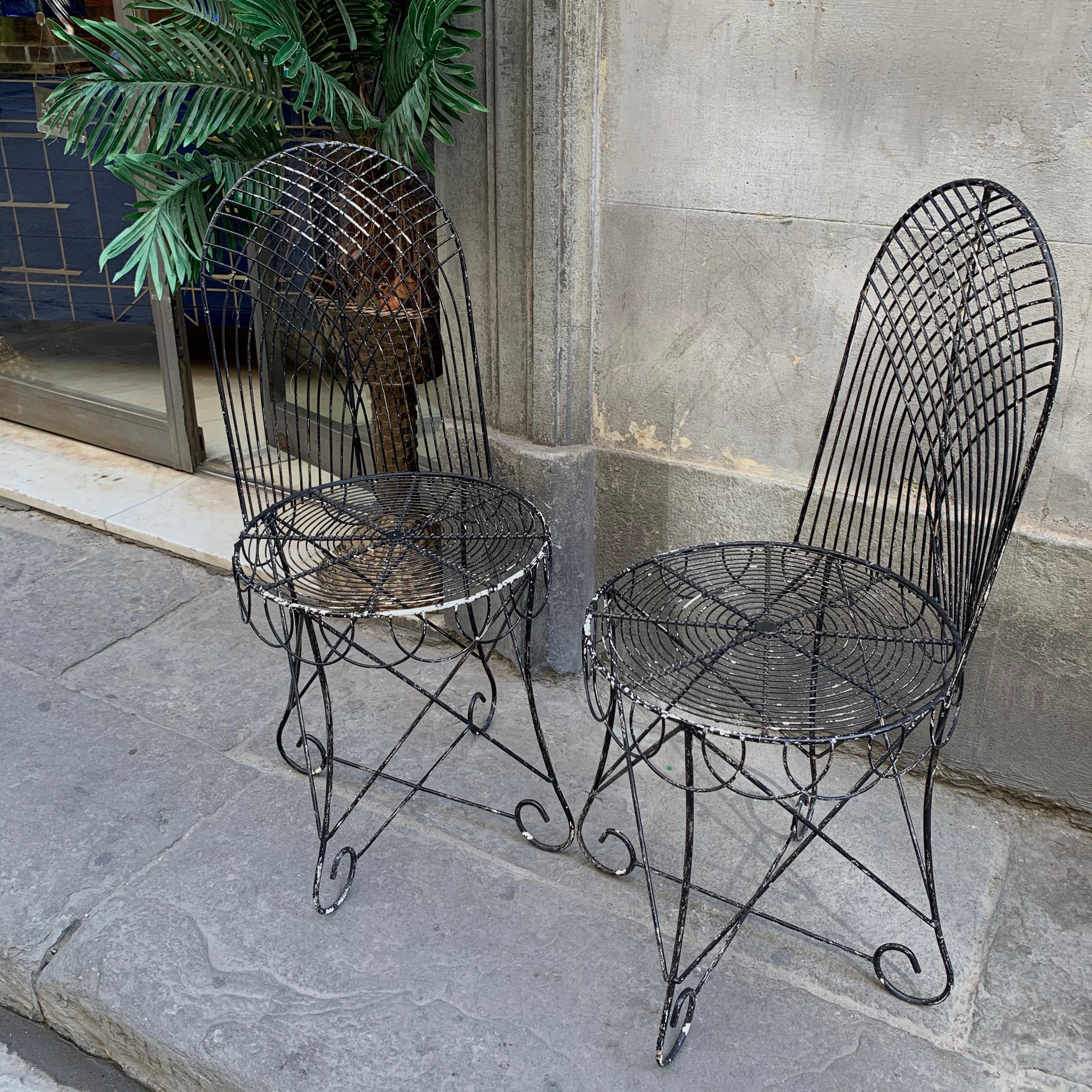 Italian Vintage Black Wrought Iron Midcentury Garden Pair of Chairs, 1950s