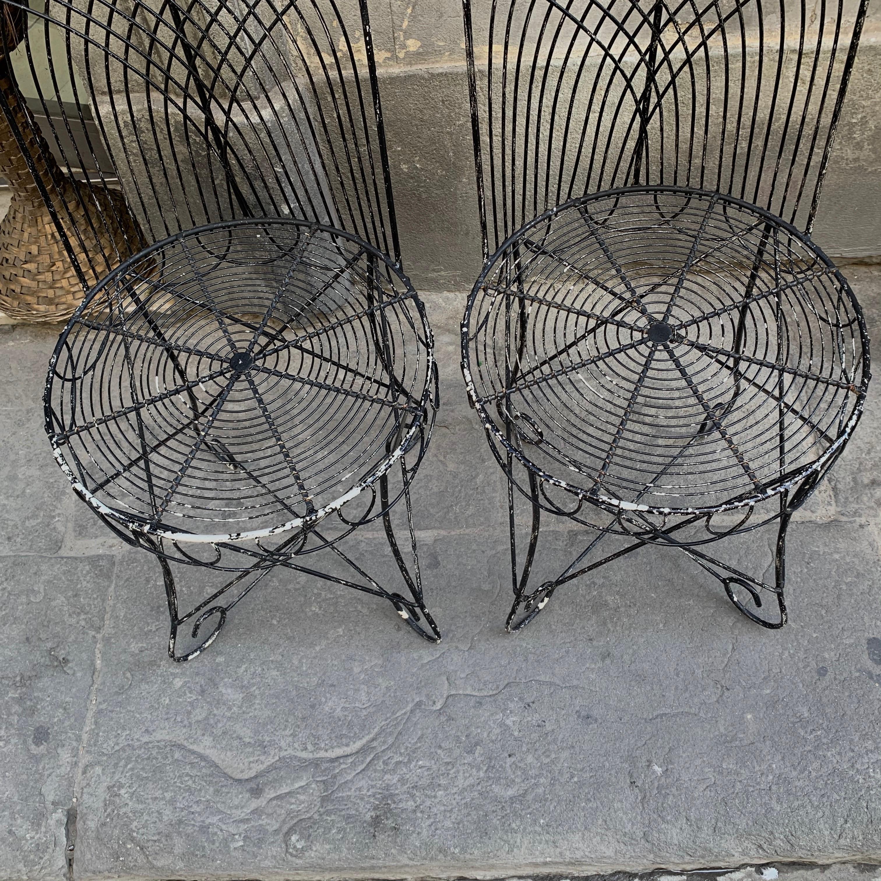 Vintage Black Wrought Iron Midcentury Garden Pair of Chairs, 1950s 1