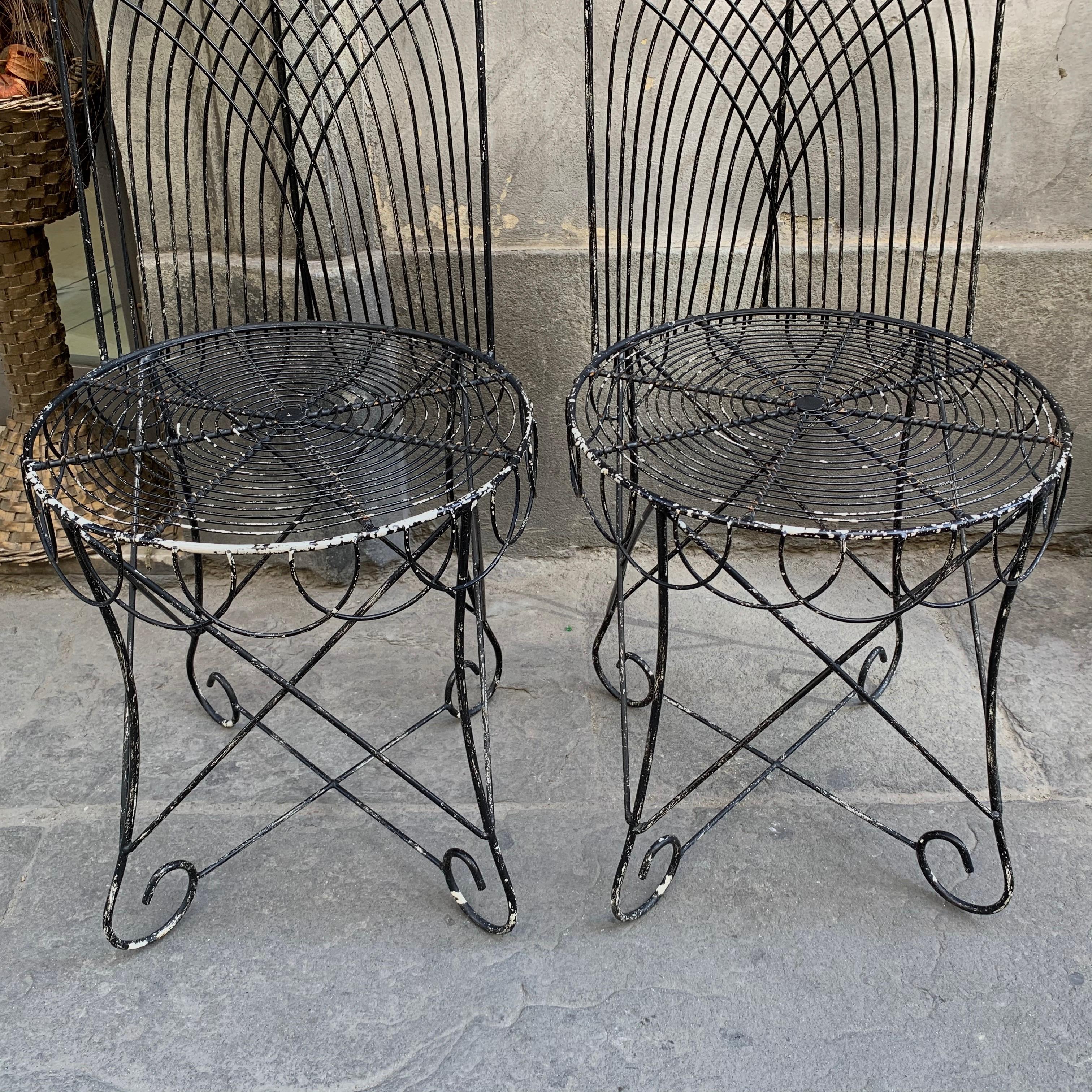 Vintage Black Wrought Iron Midcentury Garden Pair of Chairs, 1950s 2