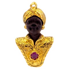 Pasador de Corbata Vintage Blackamoor de Oro Amarillo de 14K y 18K con Rubíes y Diamantes