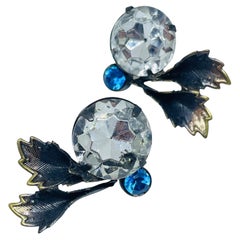 Vintage blackened gold tone clear blue glass pierced earrings