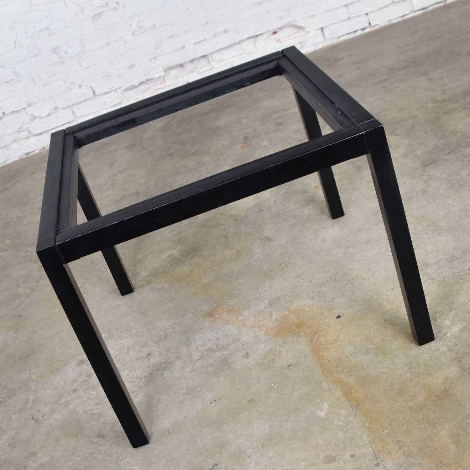 Vintage Blackened Oak Square Parsons Style Side Table with Glass Top For Sale 4