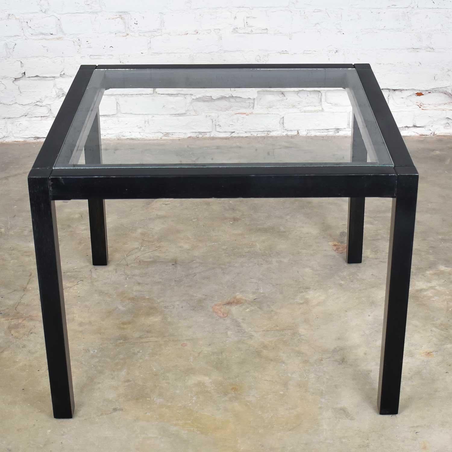 Mid-Century Modern Vintage Blackened Oak Square Parsons Style Side Table with Glass Top For Sale