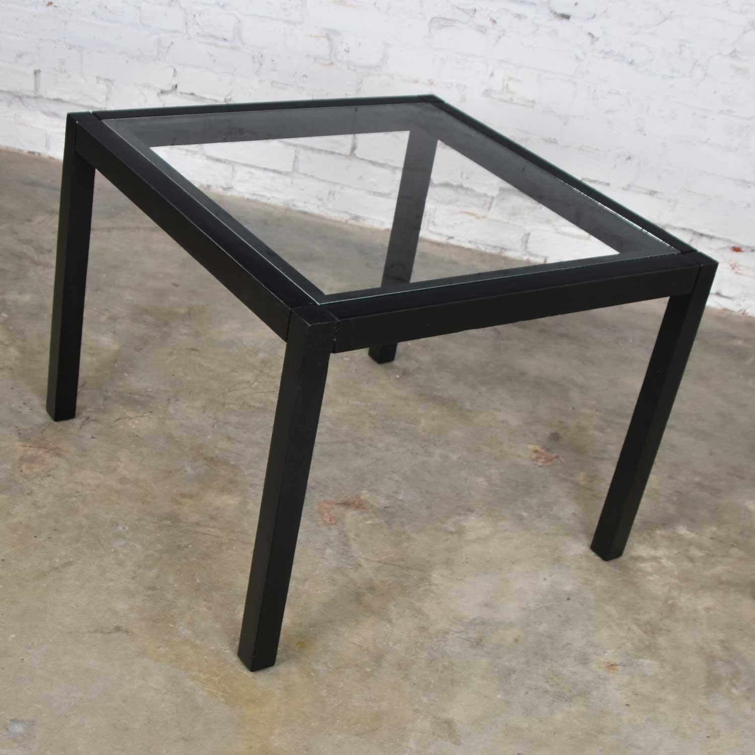 Unknown Vintage Blackened Oak Square Parsons Style Side Table with Glass Top For Sale