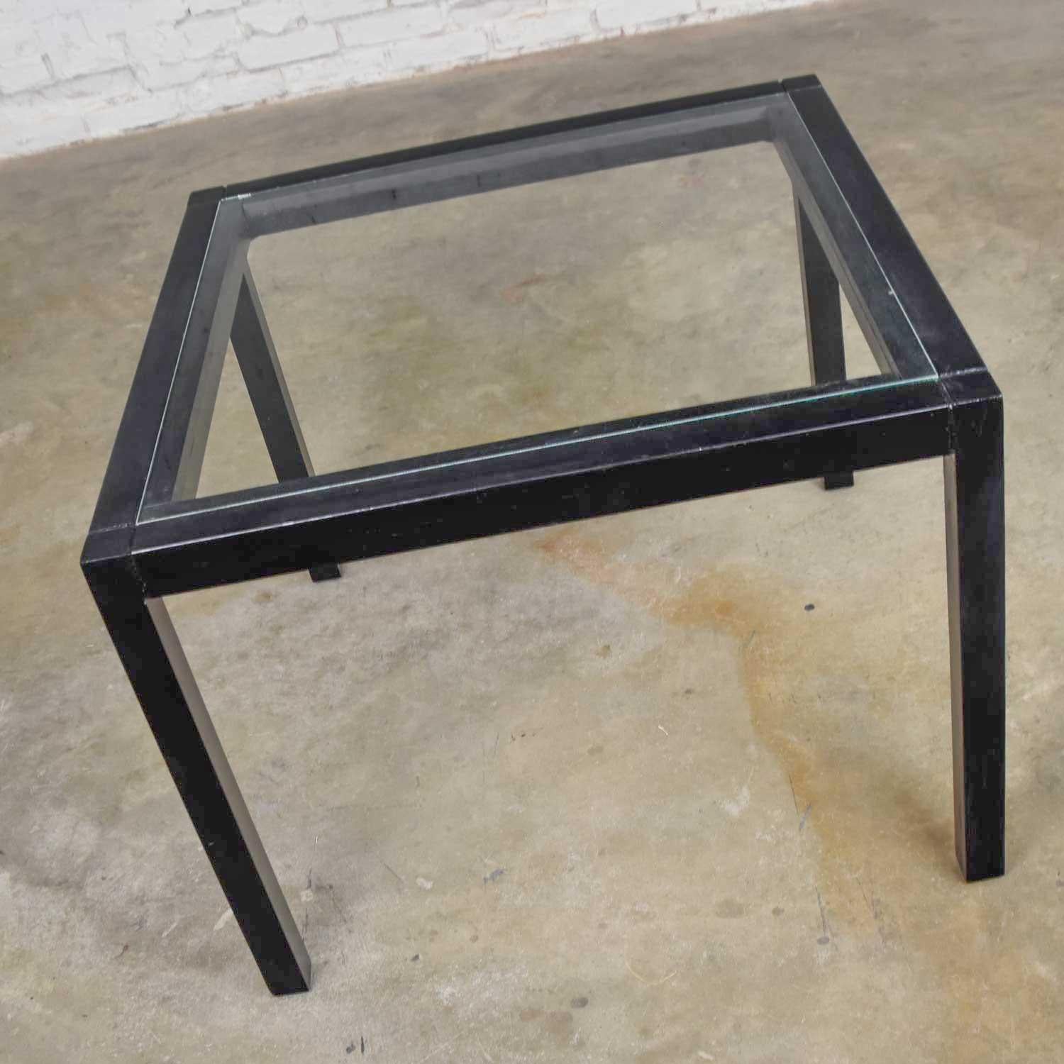 Vintage Blackened Oak Square Parsons Style Side Table with Glass Top For Sale 2