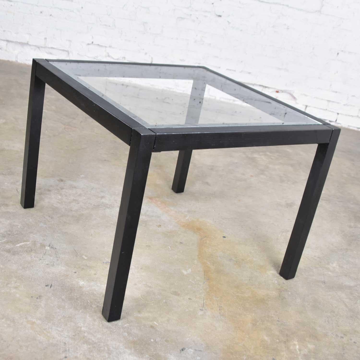 Vintage Blackened Oak Square Parsons Style Side Table with Glass Top For Sale 3