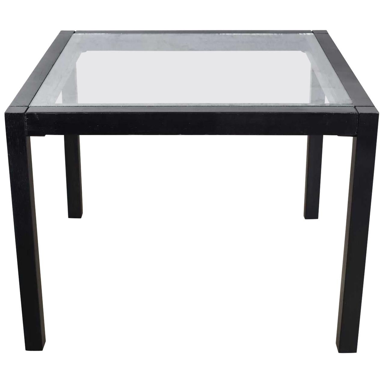 Vintage Blackened Oak Square Parsons Style Side Table with Glass Top
